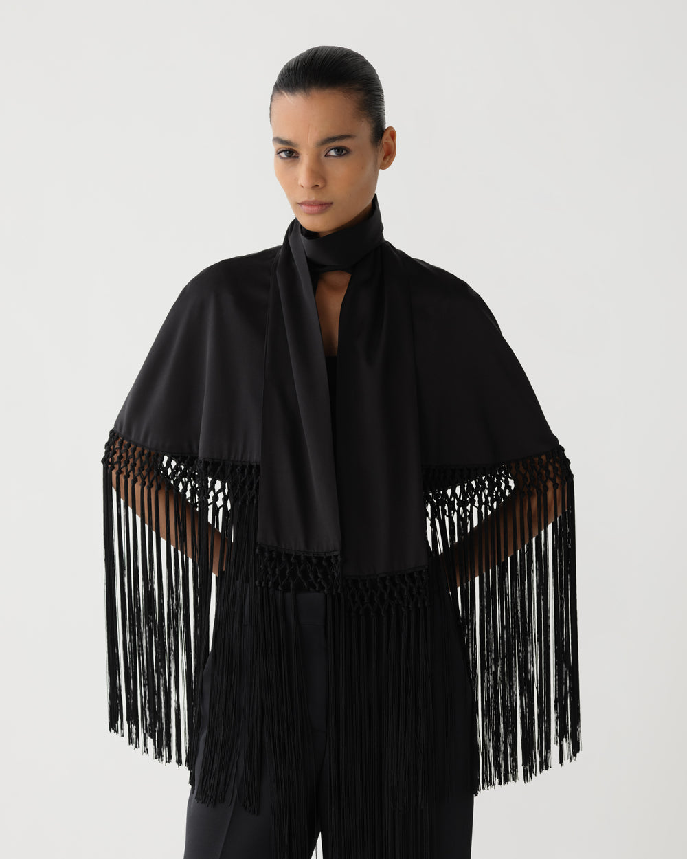 Lydia Fringe Cape in Charmeuse, Black