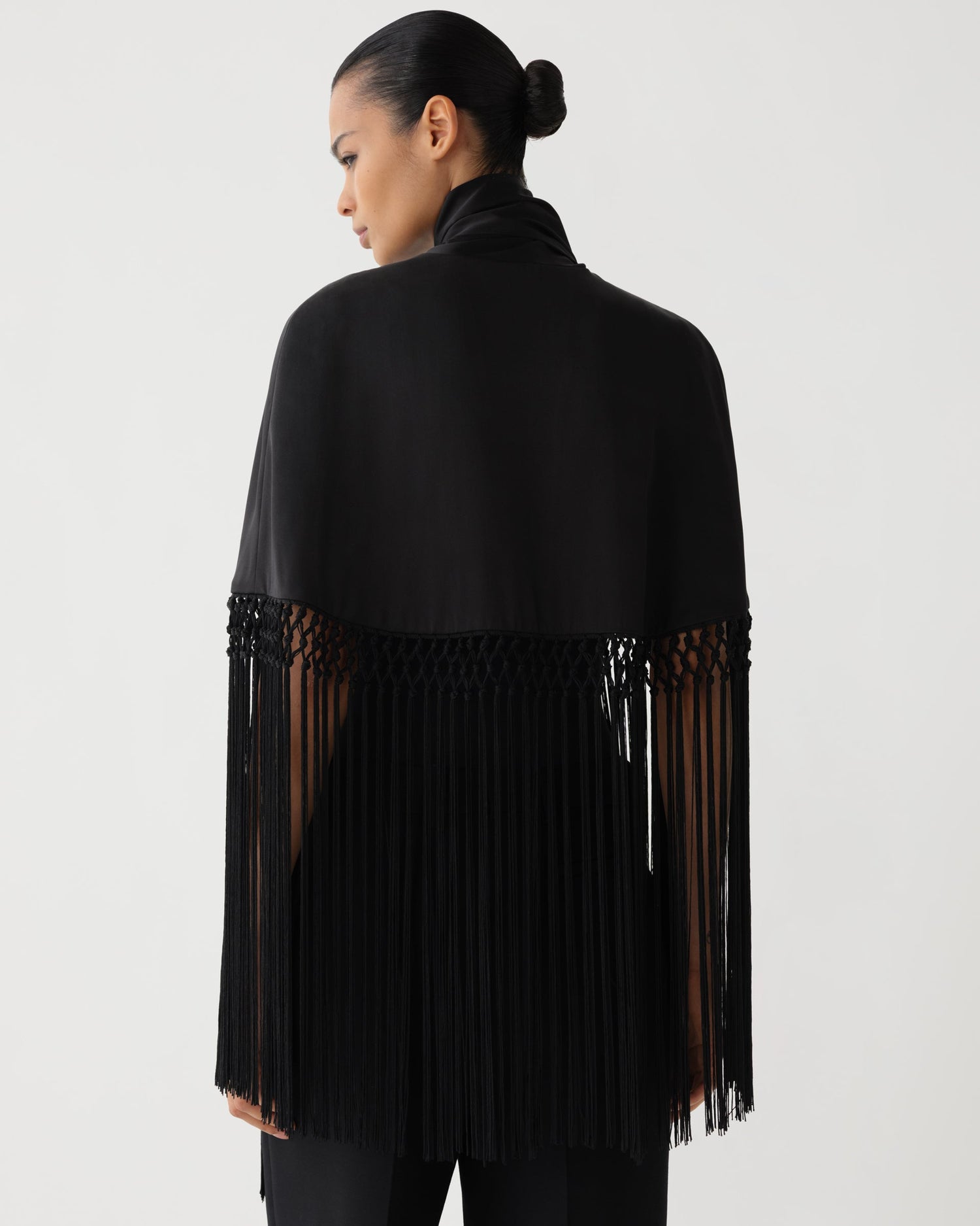 Lydia Fringe Cape in Charmeuse, Black