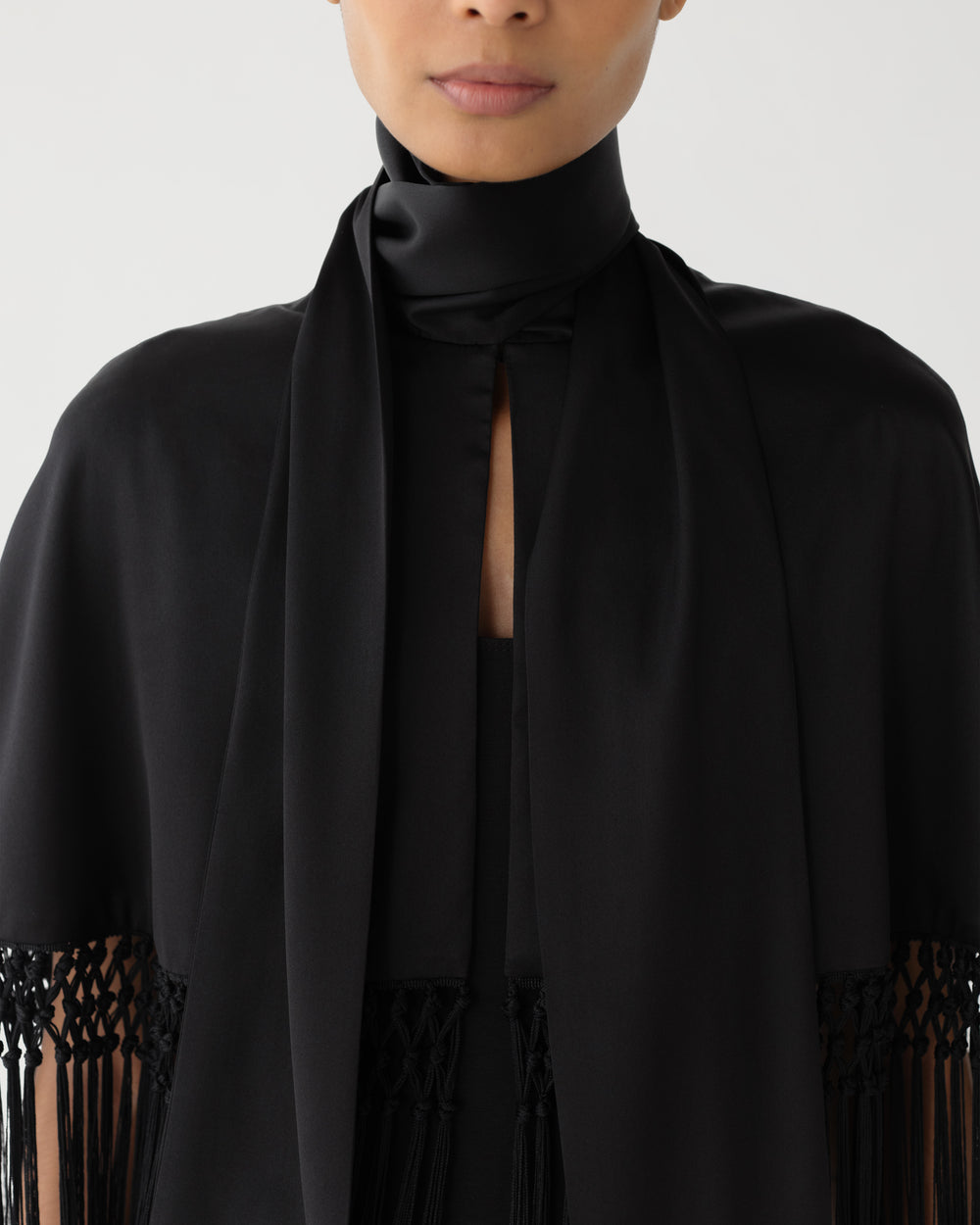 Lydia Fringe Cape in Charmeuse, Black