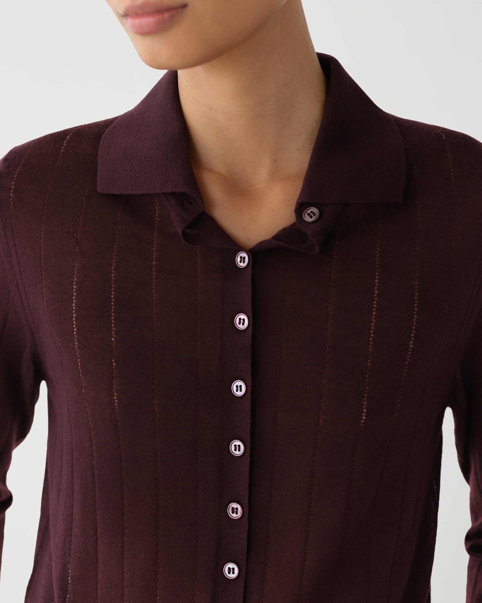 Veronica De Piante Luna Burgundy Cashmere Polo Knitwear, close-up of soft, cozy fabric and classic polo design.