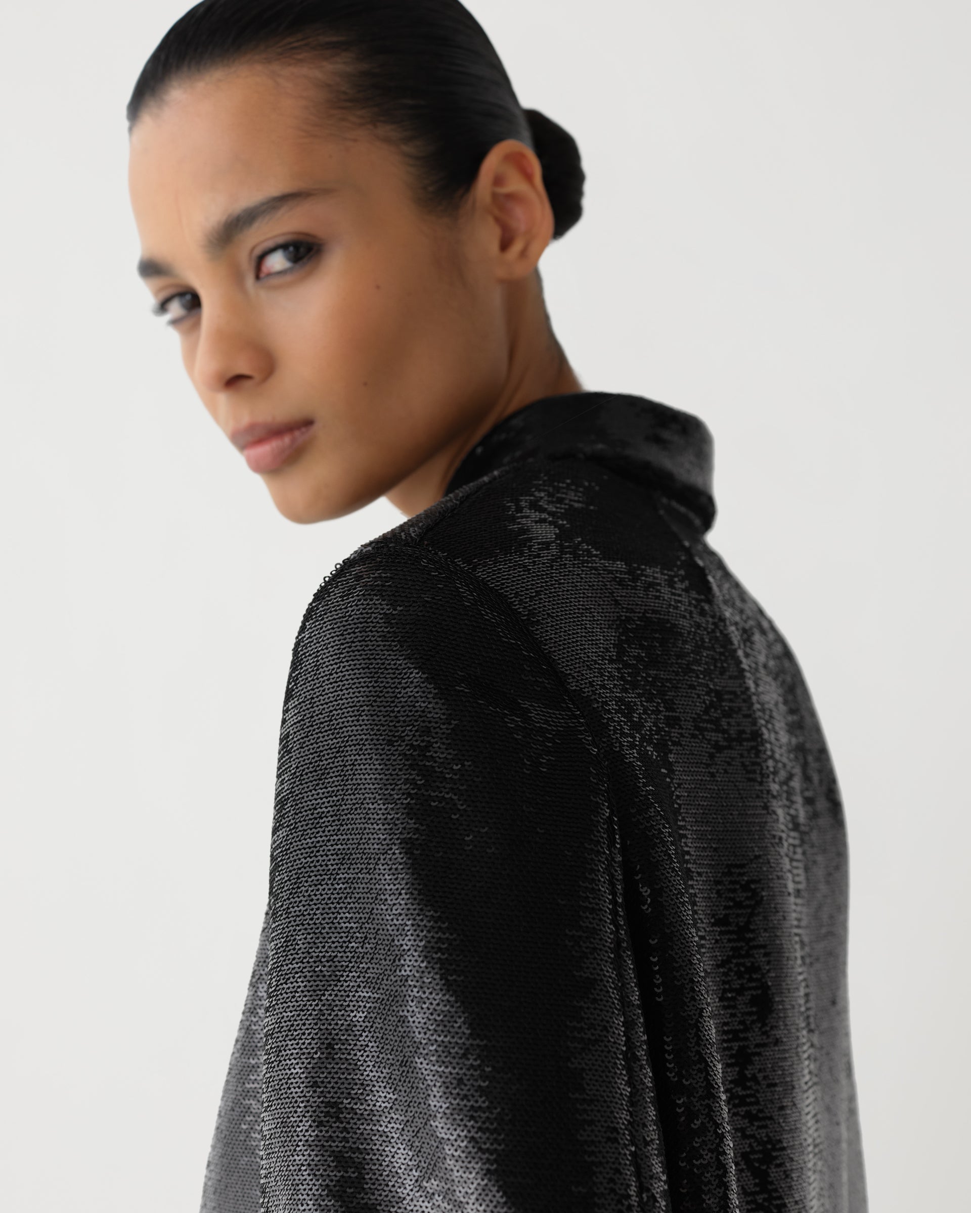 Black Ines Jacket by Veronica De Piante with flat sequins, stylish coat featuring shimmering sequin details.