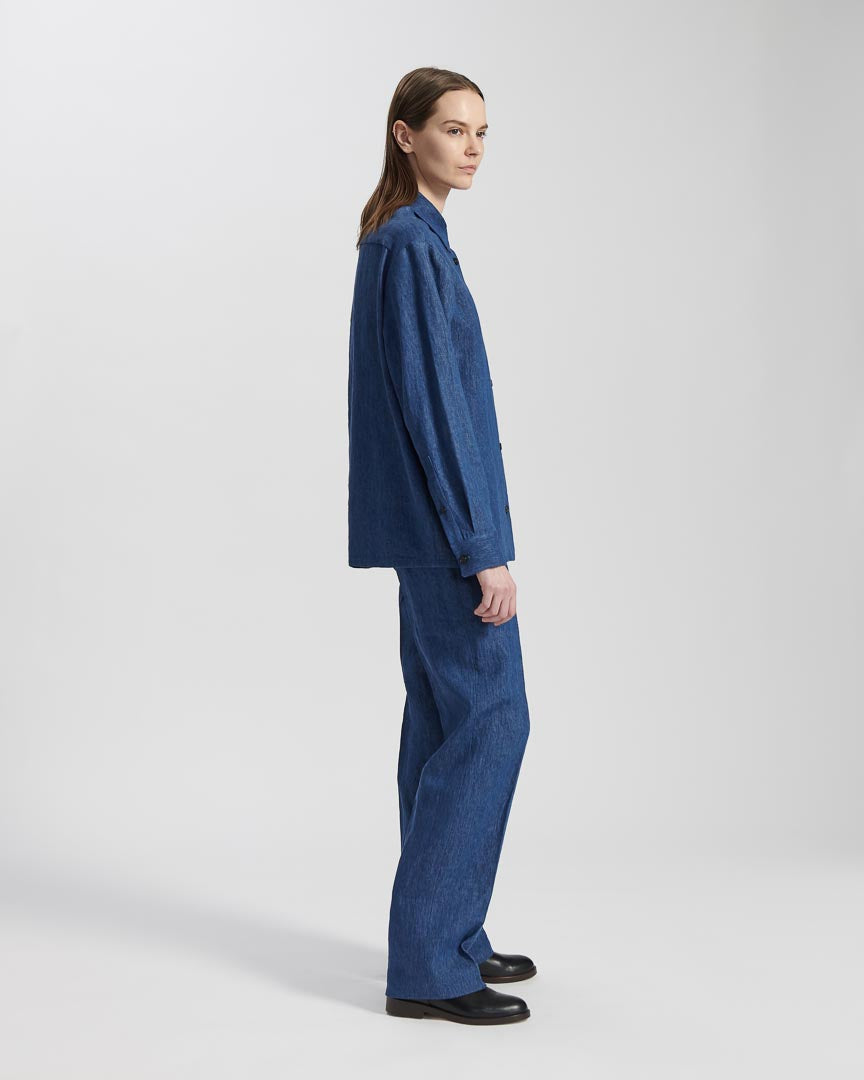 Indigo Jasper Linen Denim Shirt for women, casual top in blue denim with a relaxed fit.