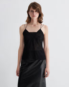 Black lace Mariana camisole top by Veronica De Piante, featuring delicate straps and intricate lace detailing.