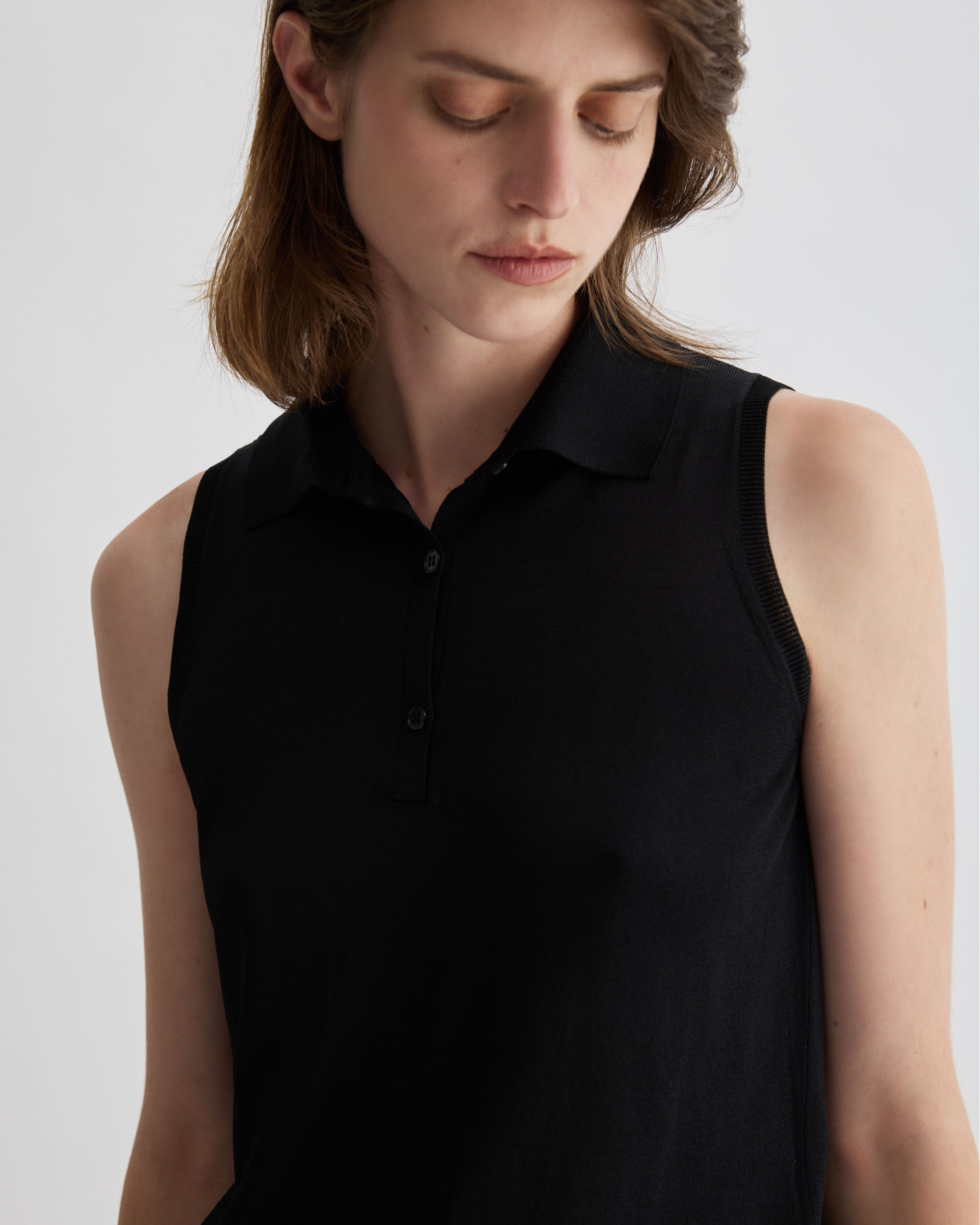 Selma Polo Vest in Silk Knit, Black