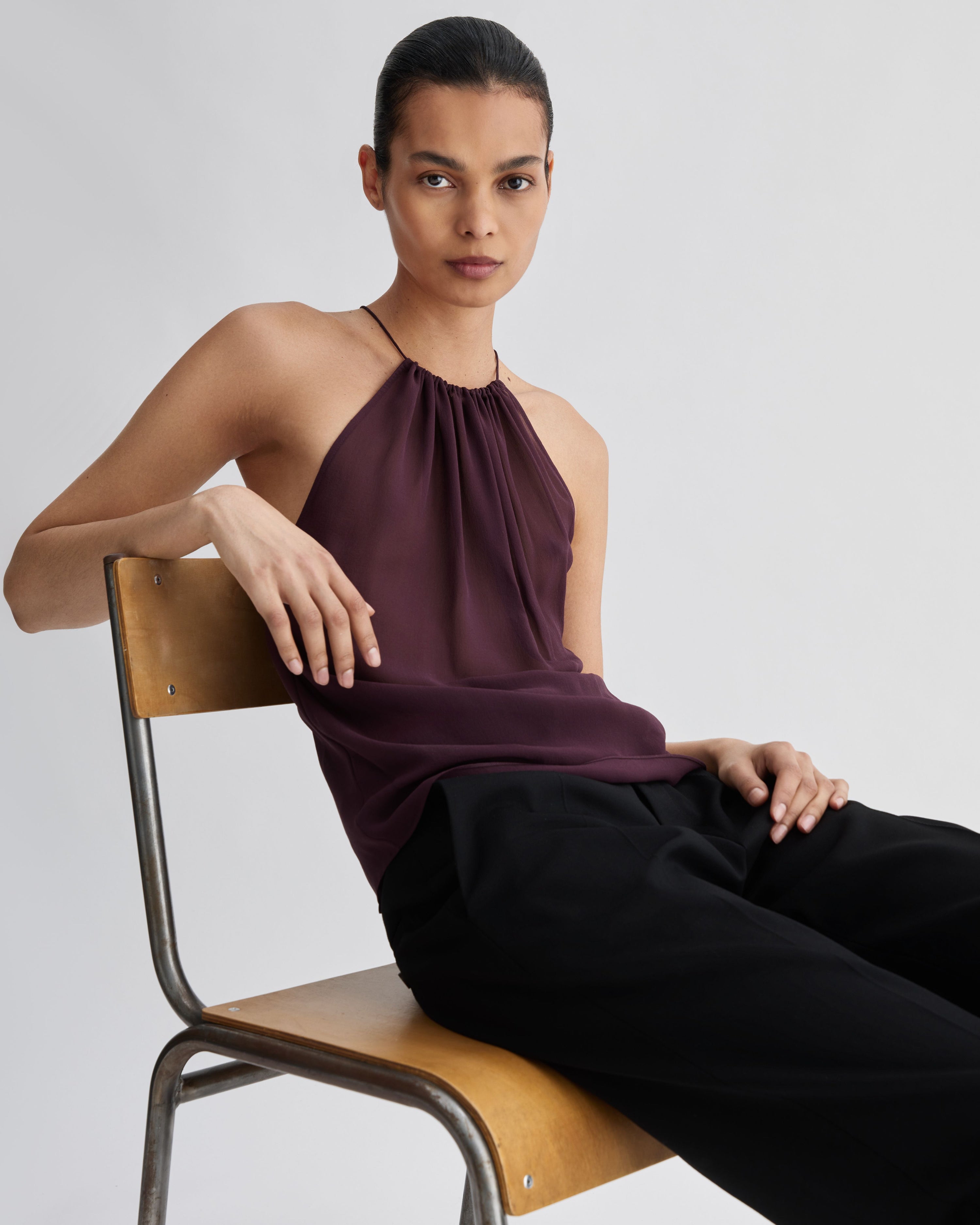 Greta Top in Silk, Deep Plum