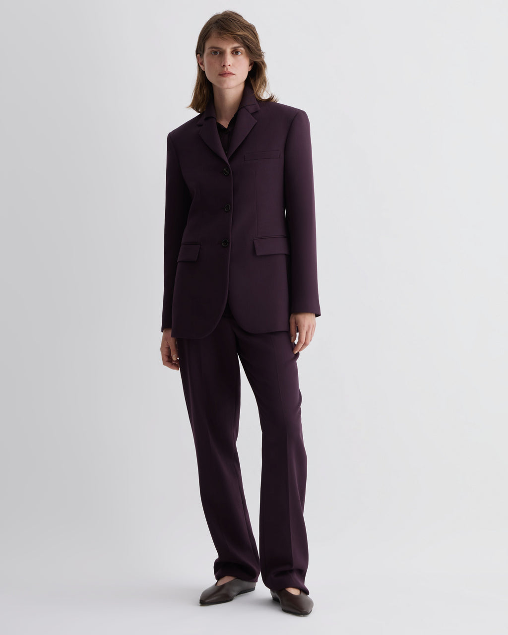 Deep plum wool Fini jacket by Veronica De Piante, featuring a tailored fit and classic coat design.
