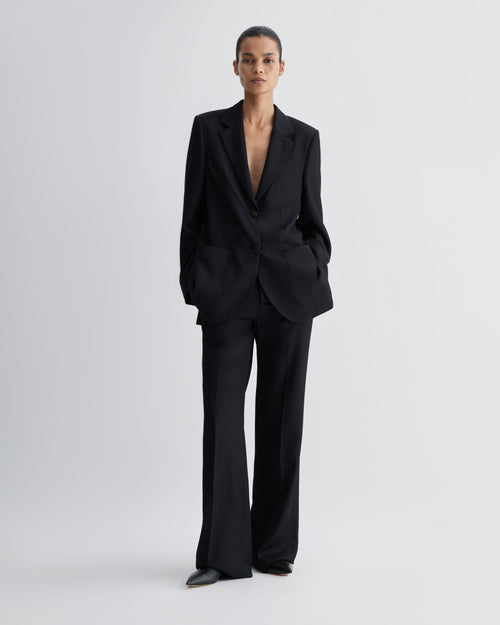 Black Taylor Trouser. Straight-leg mid-rise 100% Italian silk shappe trousers with tailored fluid drape