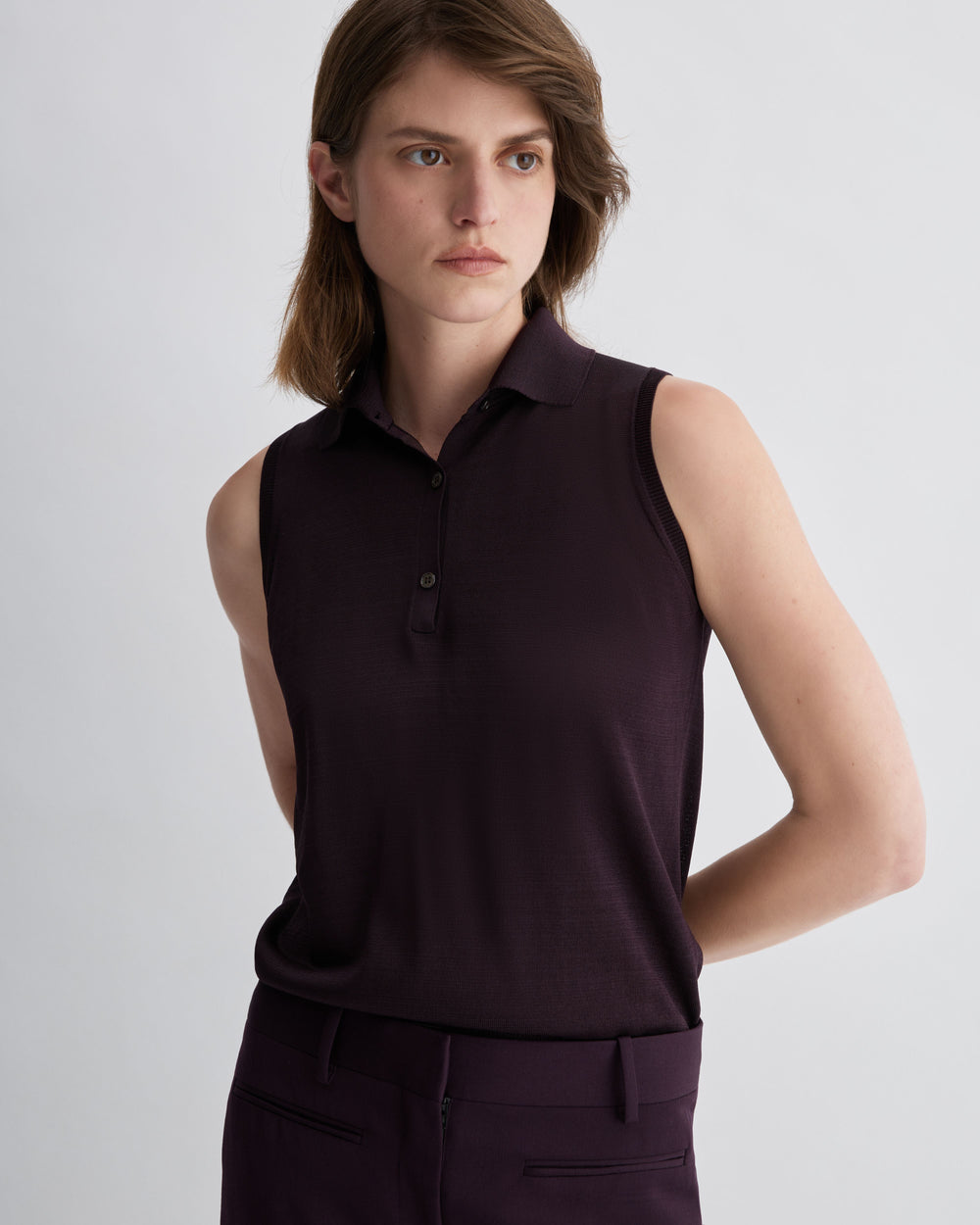 Selma Polo Vest in Silk Knit, Deep Plum