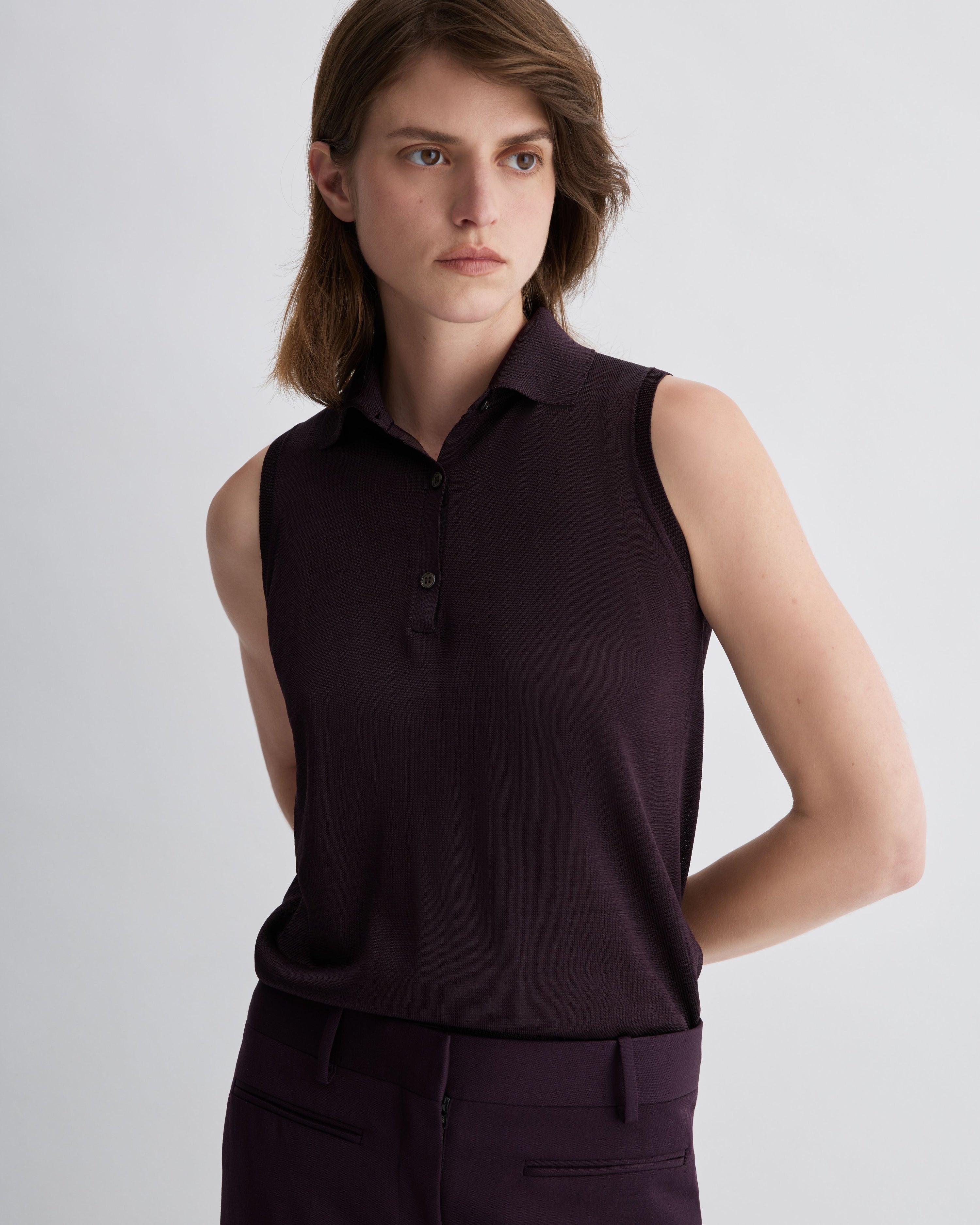 Selma Polo Vest in Silk Knit, Deep Plum