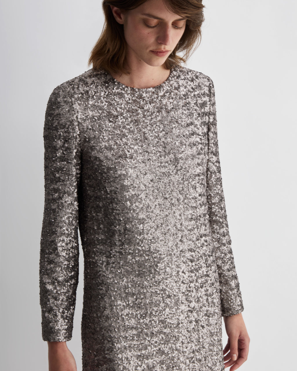 Veronica De Piante Layla Dress in champagne with flat sequins, elegant evening dress with shimmering embellishments.