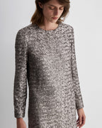 Veronica De Piante Layla Dress in champagne with flat sequins, elegant evening dress with shimmering embellishments.