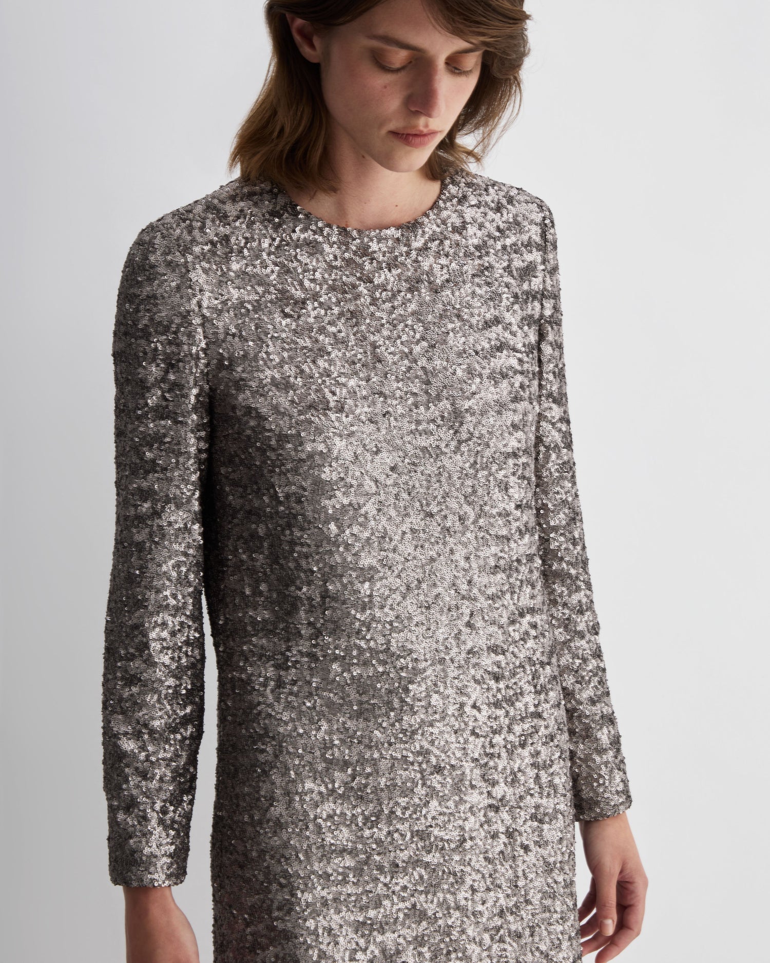 Layla Dress in Flat Sequins, Champagne