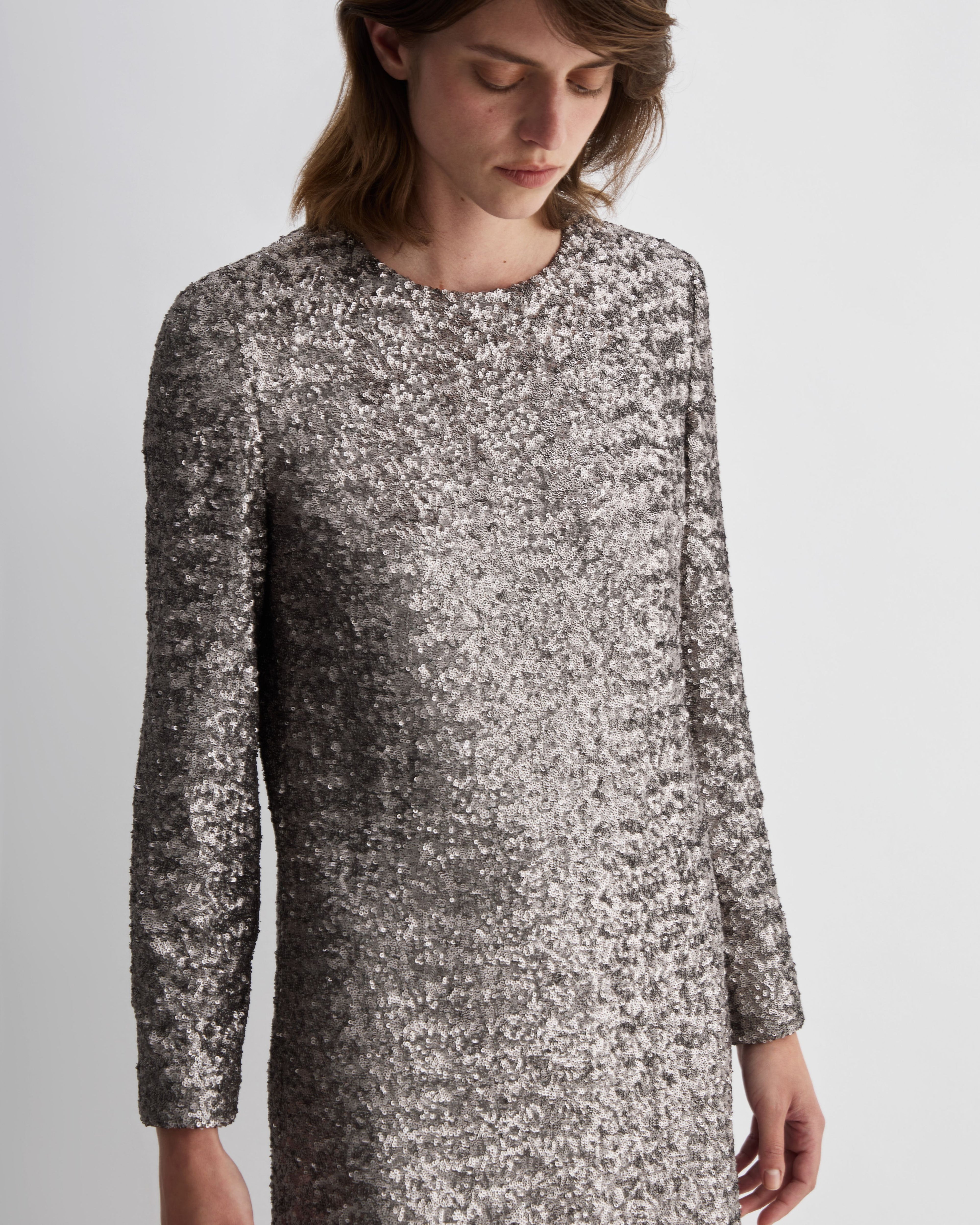 Veronica De Piante Layla Dress in champagne with flat sequins, elegant evening dress with shimmering embellishments.