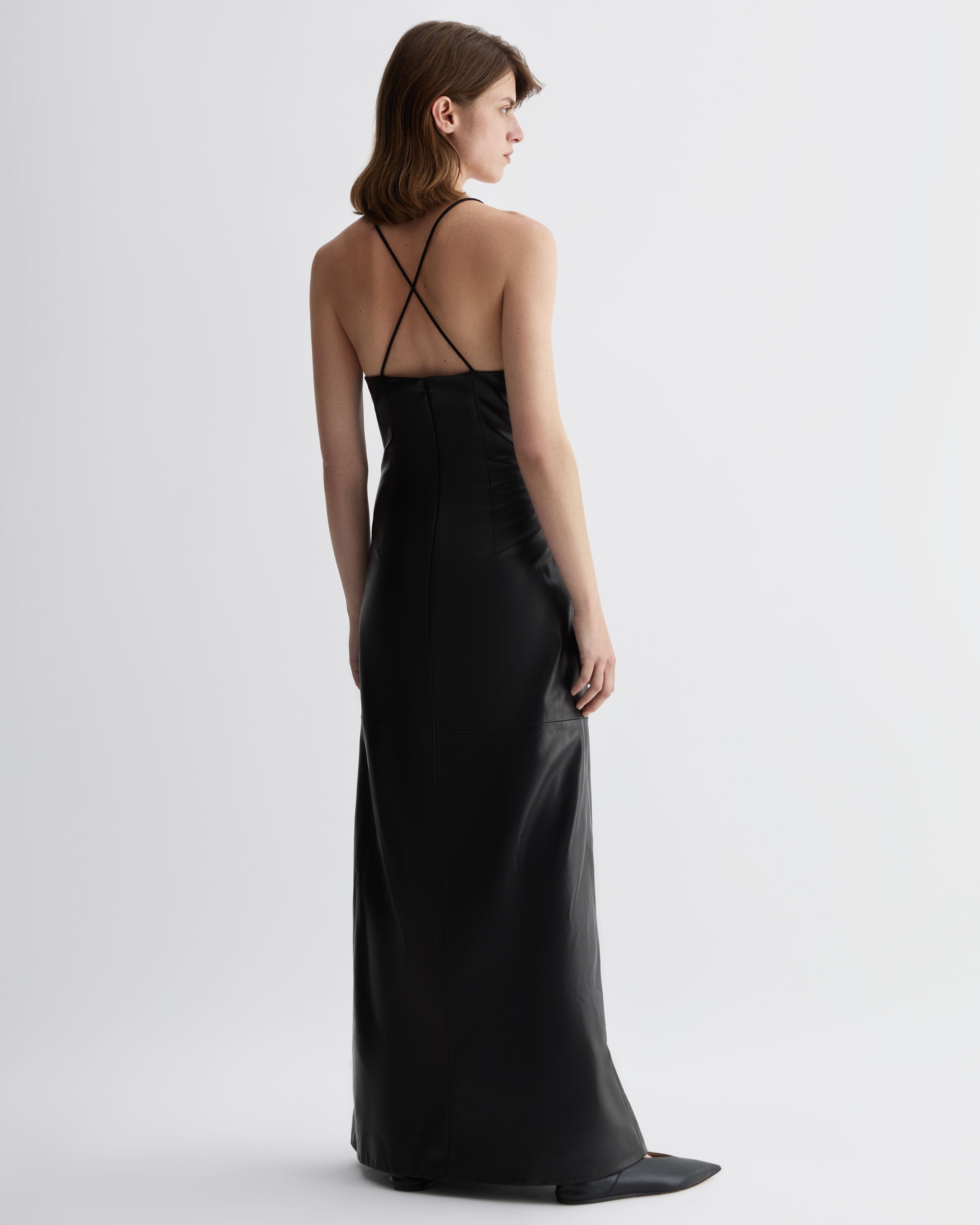 Black Amelia Dress in Nappa leather by Veronica De Piante, featuring a sleek, fitted silhouette and stylish design.