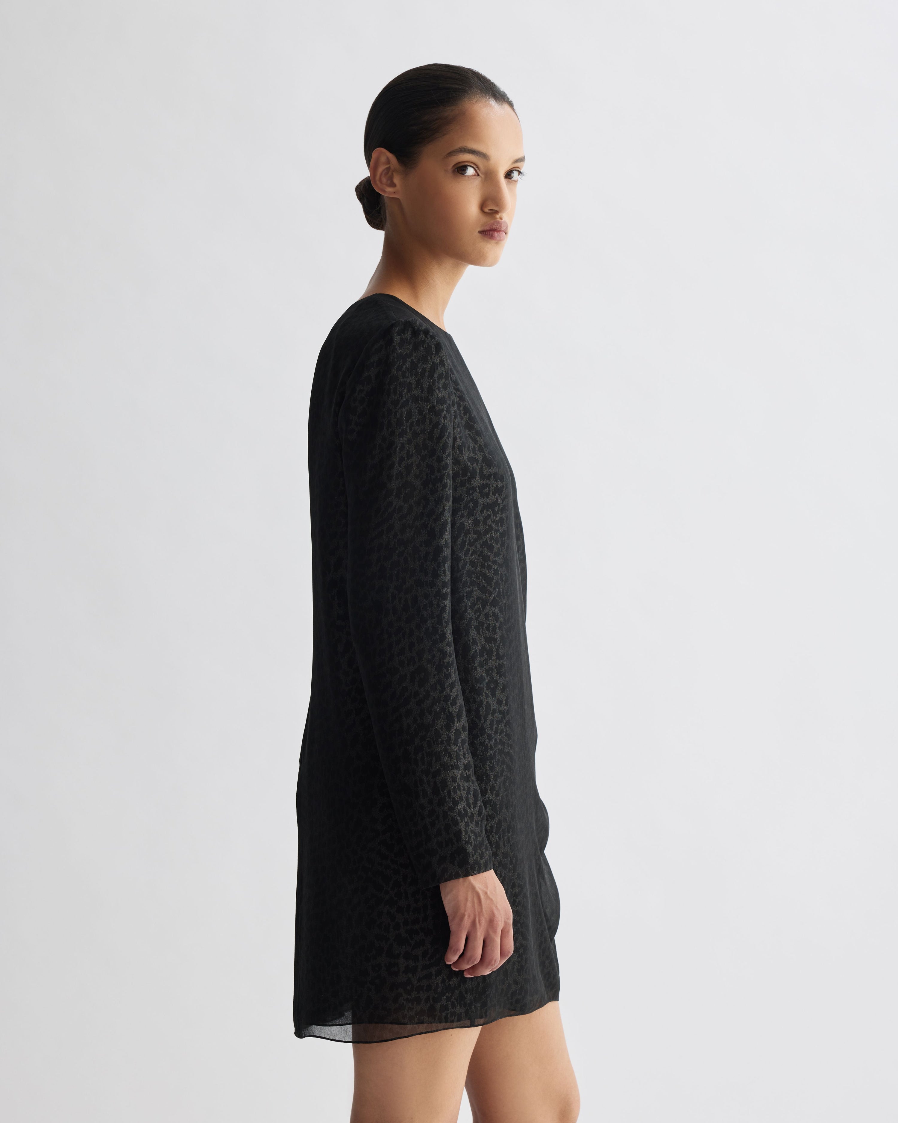 Pia Dress in Silk, Silver Leopard