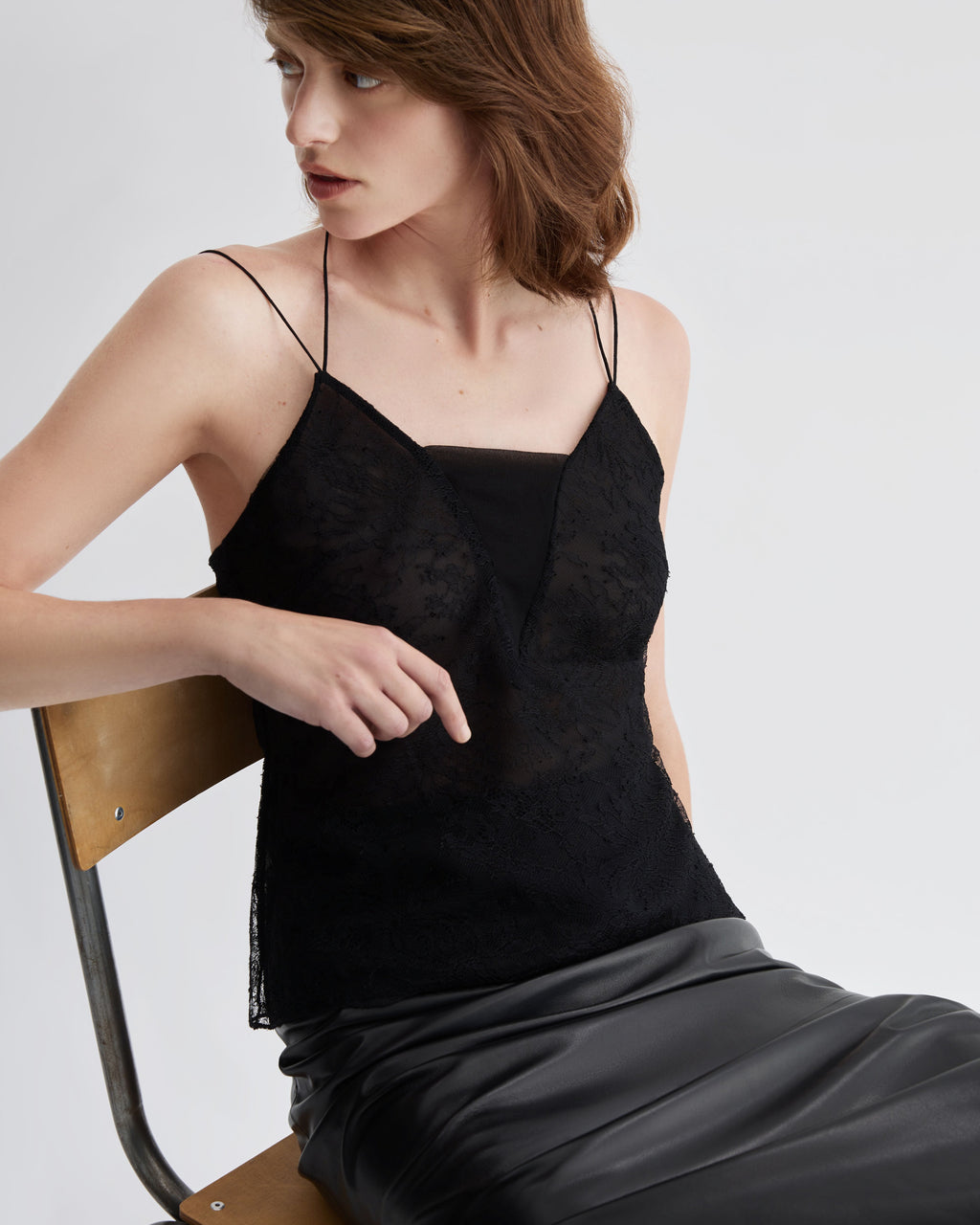Black lace Mariana camisole top by Veronica De Piante, featuring delicate detailing and elegant design.