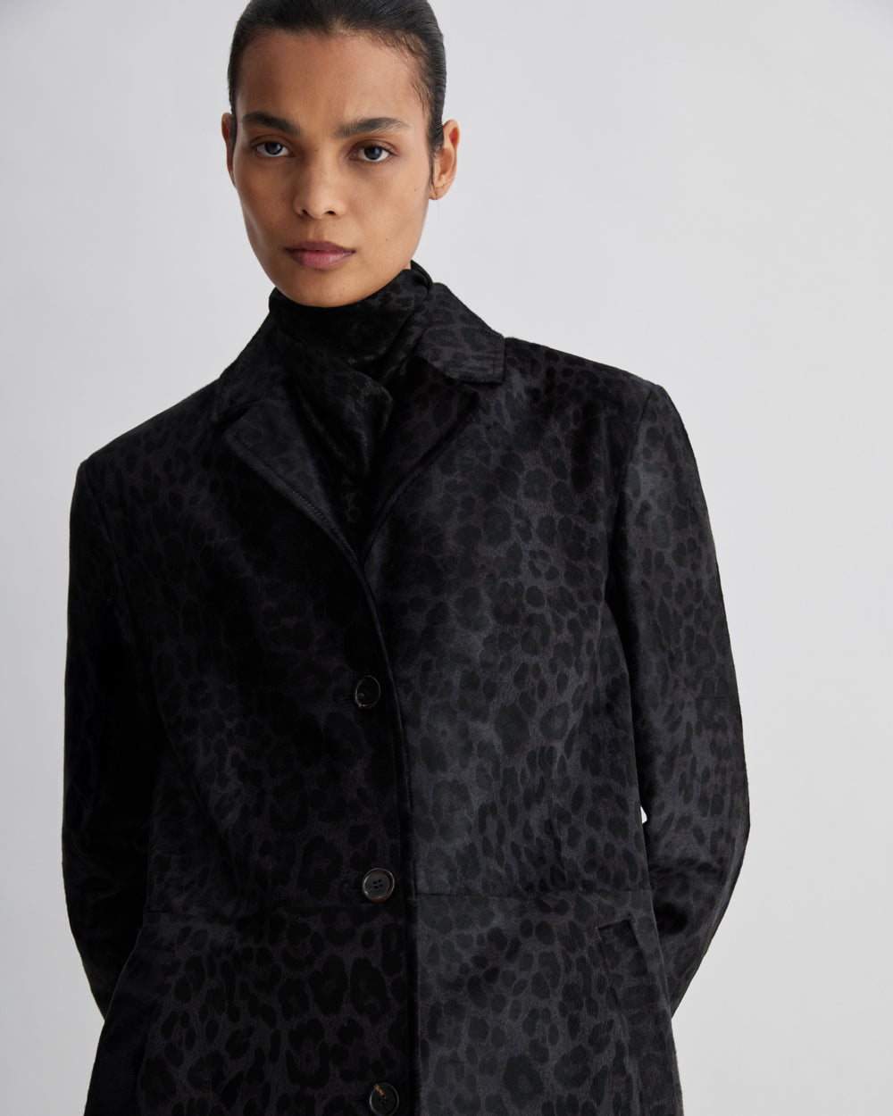 Gabriele Coat in Calf Hair, Dark Grey Leopard