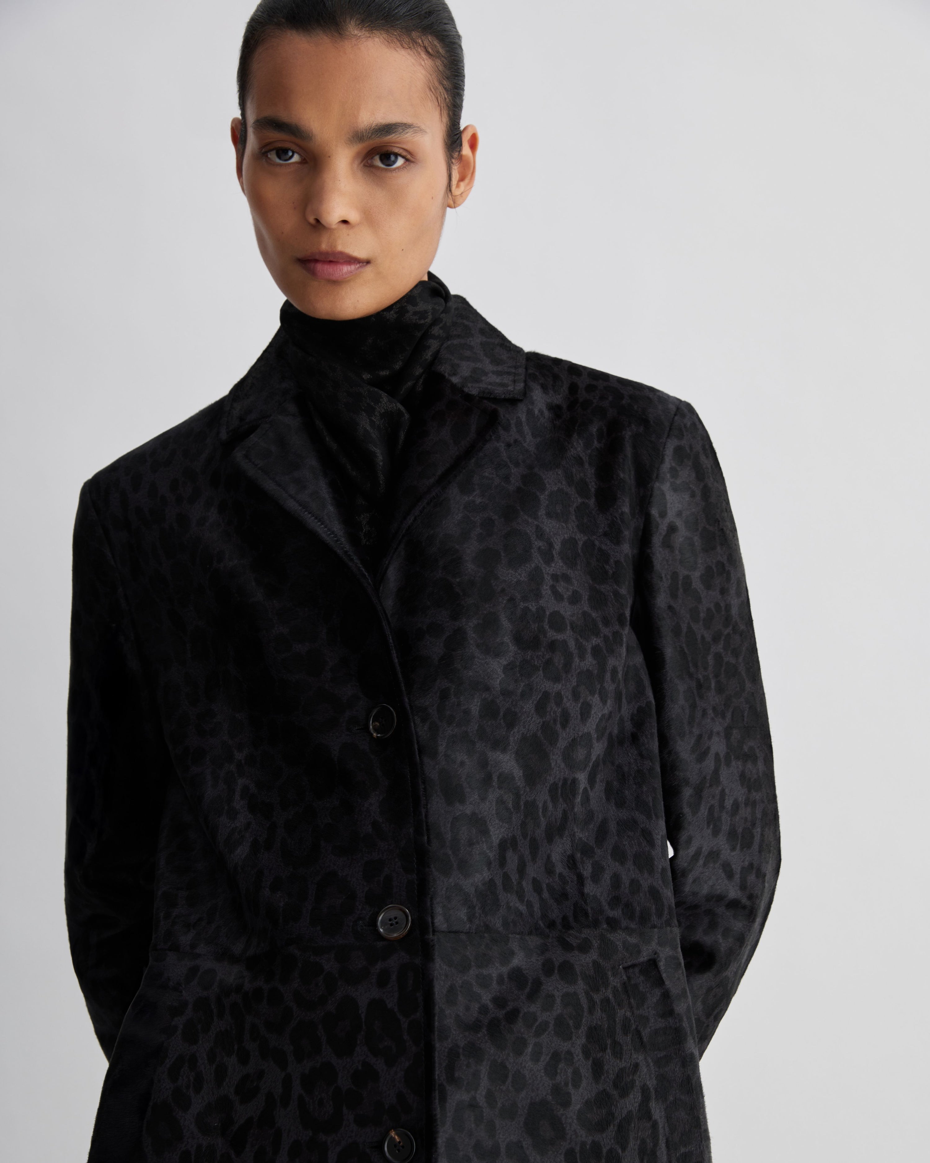 Gabriele Coat in Calf Hair, Dark Grey Leopard
