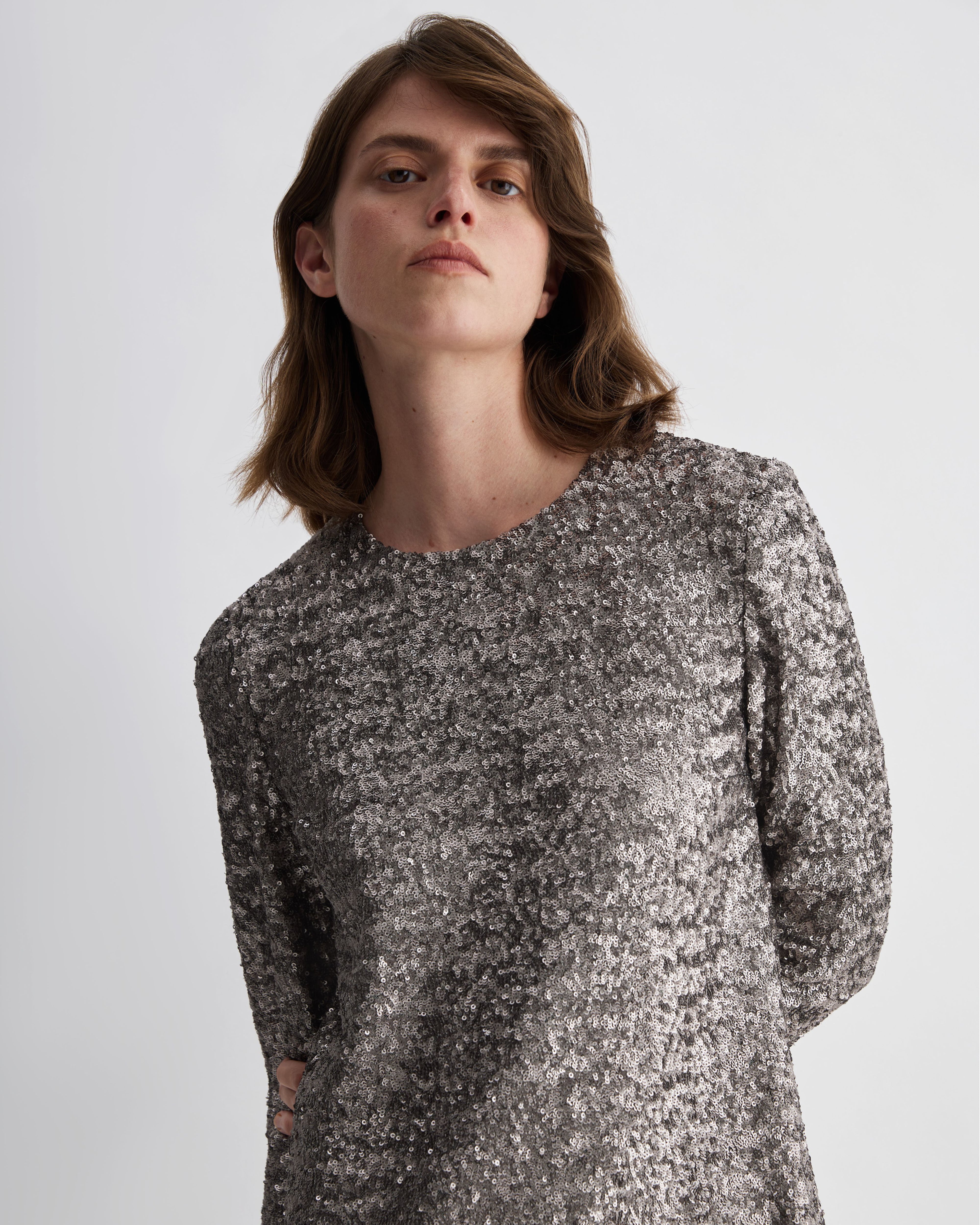 Veronica De Piante Layla Dress in flat champagne sequins, sleeveless evening dress with shimmering sequin embellishments.