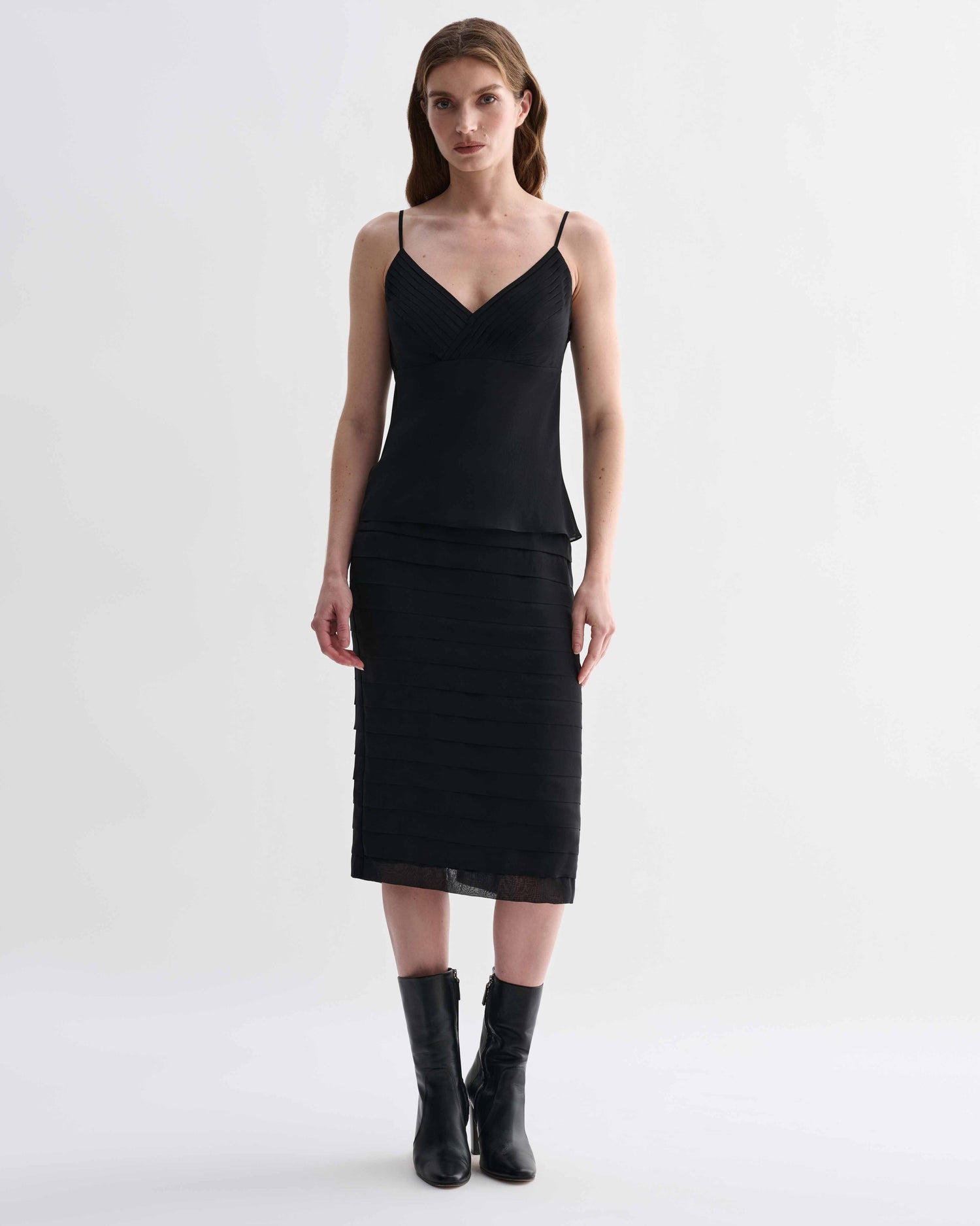 Black Adela skirt in georgette fabric by Veronica De Piante, shown with a flowing, lightweight silhouette on a neutral background.