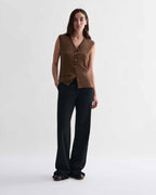 Alice Vest in Camel Merino Wool Knitwear. Sleeveless V-neck, ribbed waist, button-front, flattering fit
