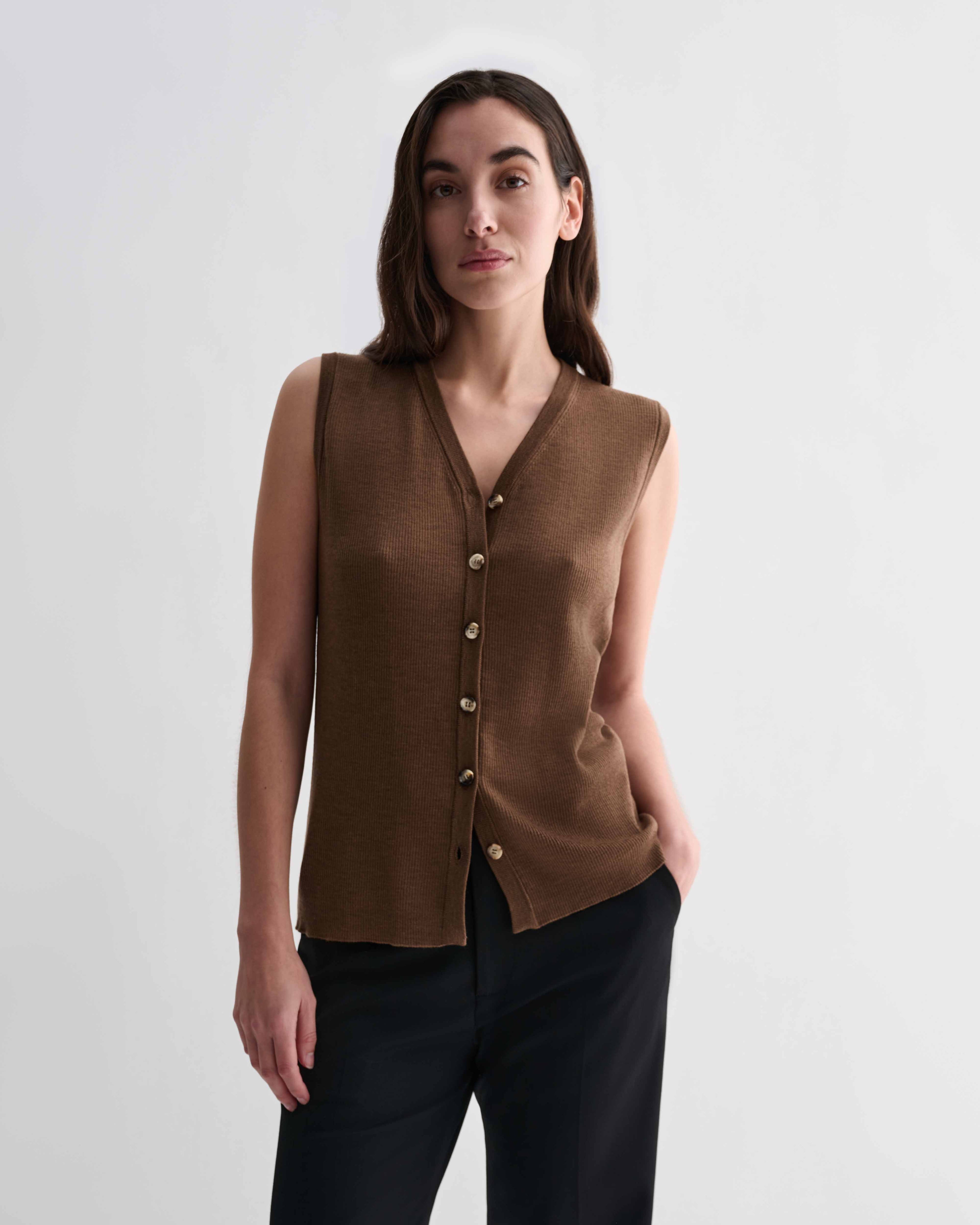 Camel Alice Vest, fine merino wool ribbed knit sleeveless V-neck with flattering fit and button-front