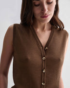 Alice Vest in Camel Merino Wool, fine ribbed knit, V-neck, sleeveless, front buttons. Luxury women's knitwear