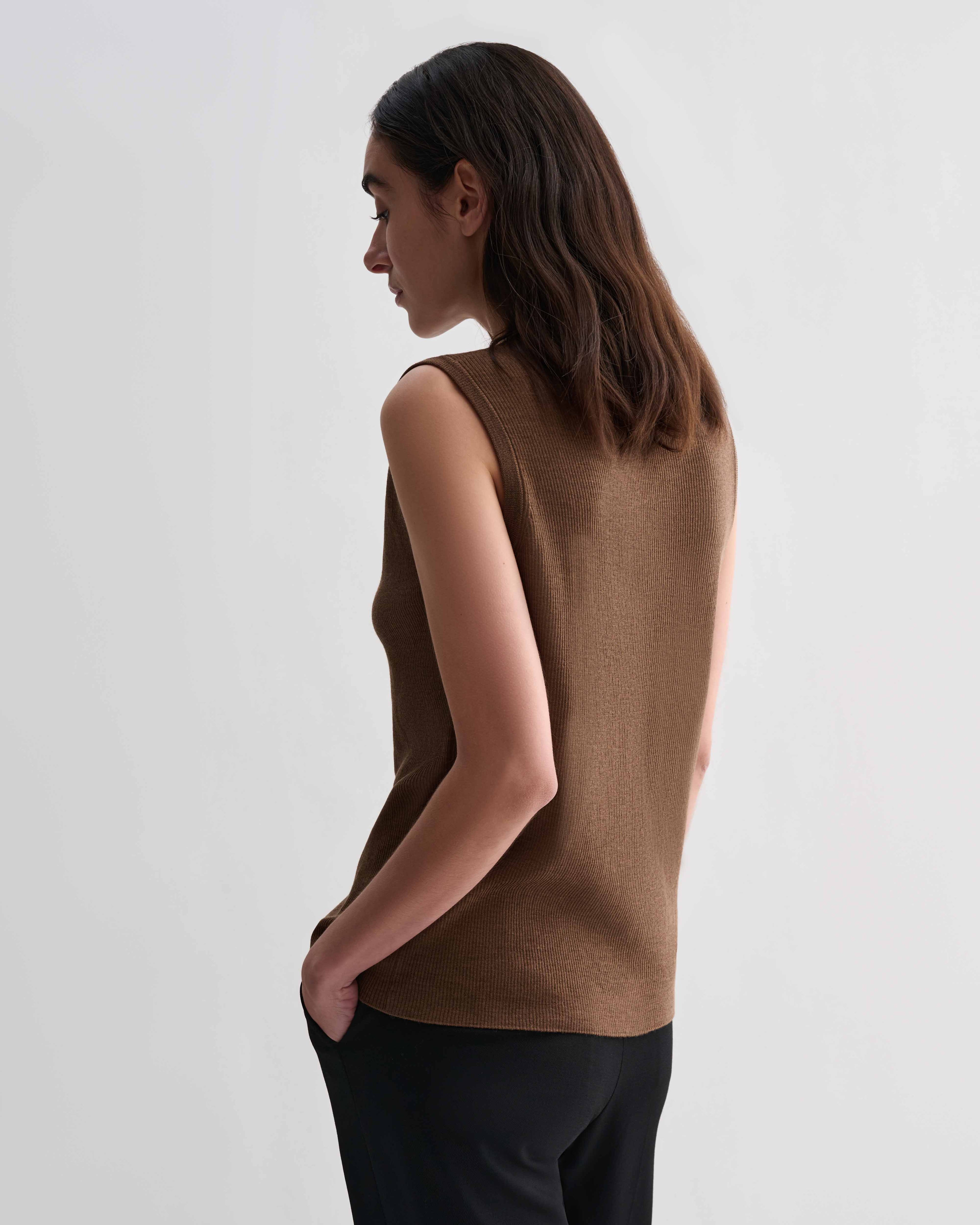 Veronica de Piante Alice Vest camel merino wool knit sleeveless V-neck vest ribbed texture flattering fit on model