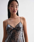 Black Veronica De Piante Aya dress with lace and sequins, featuring intricate detailing and elegant design.