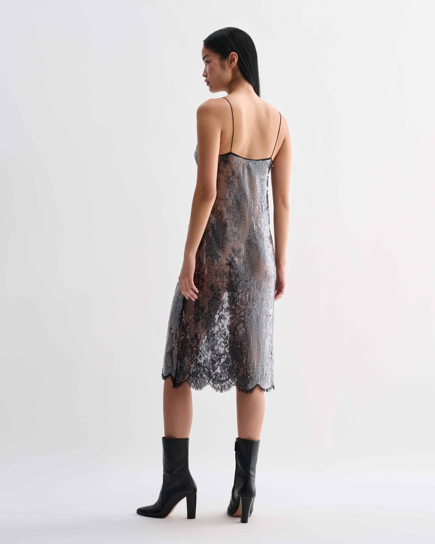 Black Veronica De Piante Aya lace sequin dress with intricate detailing and elegant fit, perfect for formal occasions.
