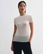 Veronica De Piante Bea Knit Top in superfine merino wool, off-white color, close-up of soft, textured knit fabric.
