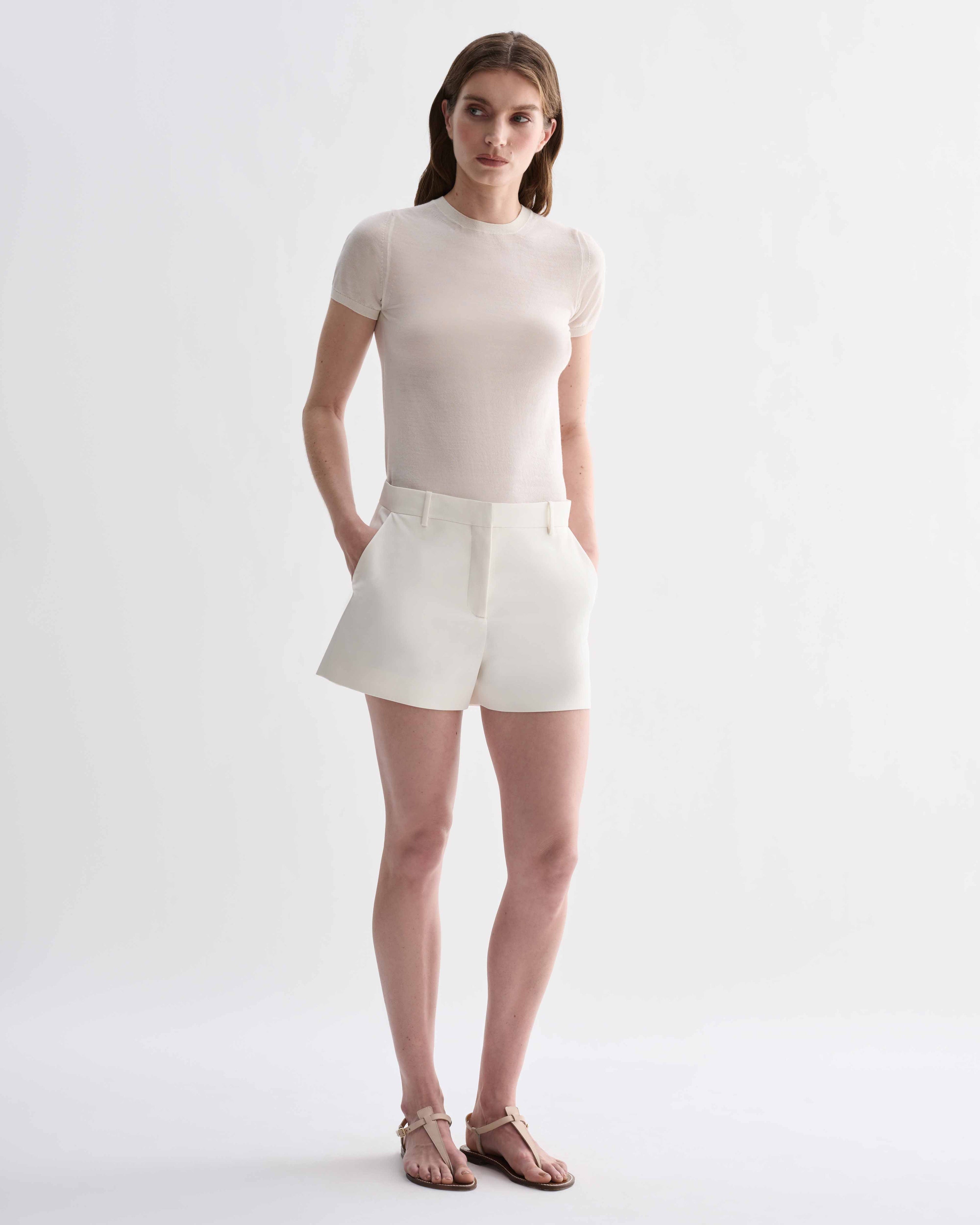Off-white silk Belle Shorts by Veronica De Piante, featuring a smooth, elegant fabric and stylish waistband detail.