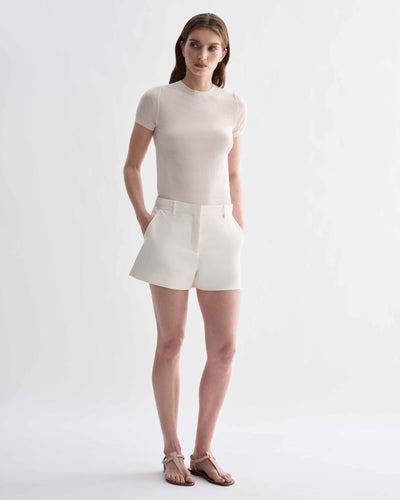 Off-white silk Belle Shorts by Veronica De Piante, featuring a smooth, elegant fabric and stylish waistband detail.