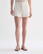 Off-white silk Belle Shorts by Veronica De Piante featuring a relaxed fit and elegant design, displayed on a neutral background.