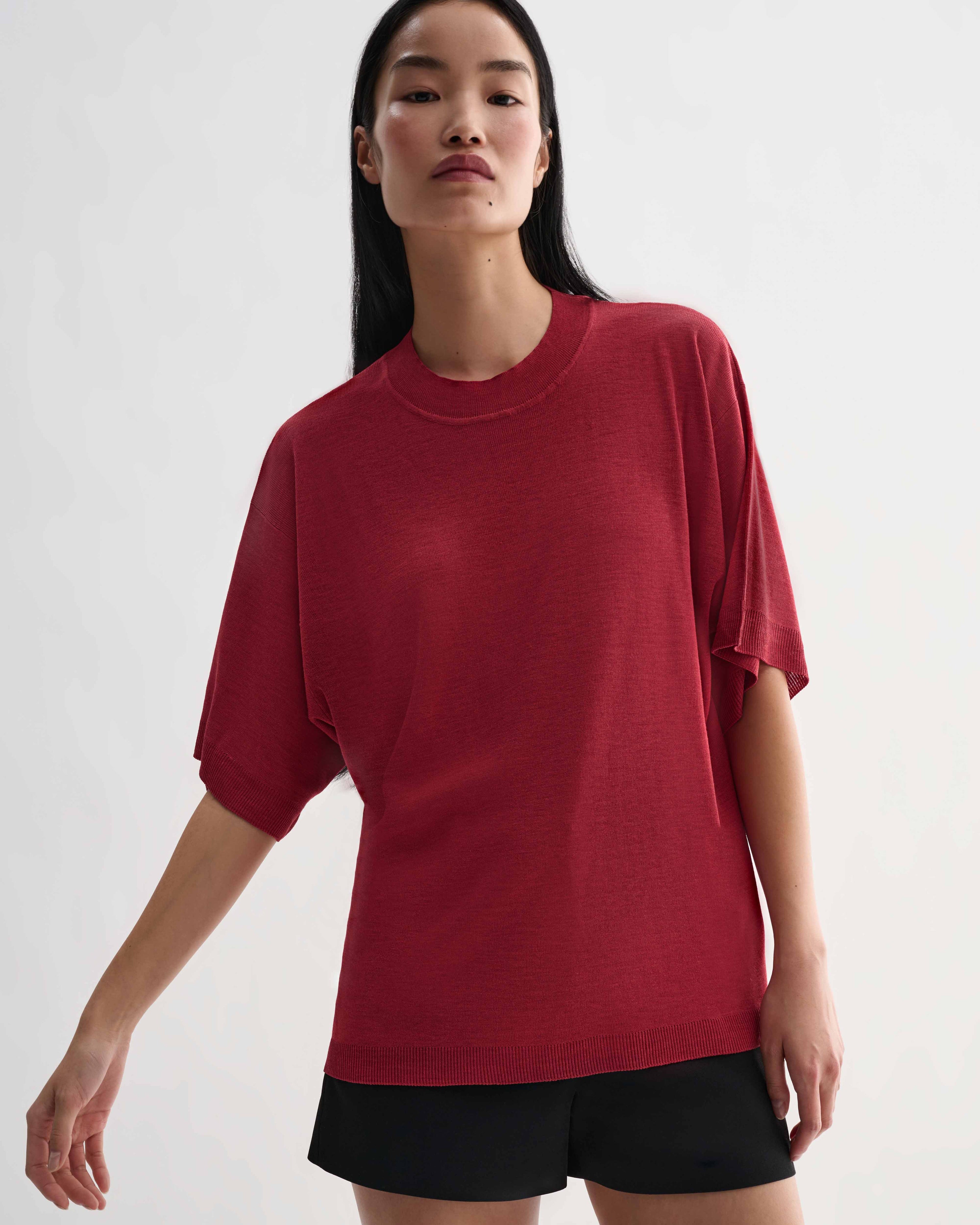 Red Carys knit T-shirt by Veronica De Piante, featuring soft viscose fabric and a stylish, fitted top design.