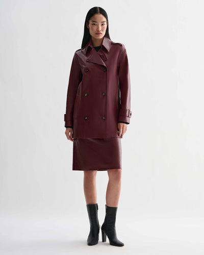 Luxury women's dark red embossed snakeskin leather Charlotte Trench coat, double-breasted style, semi-gloss finish