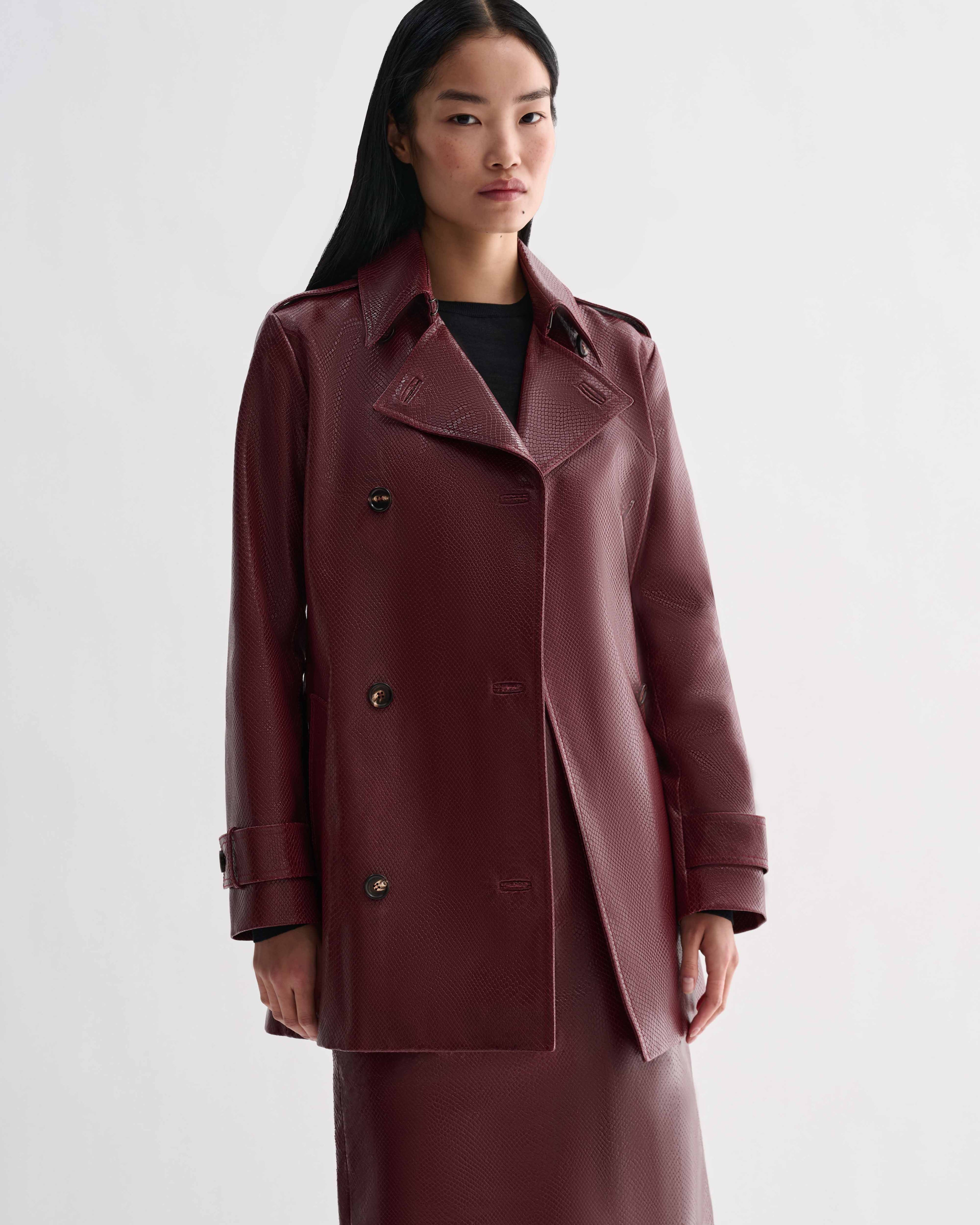 Charlotte trench coat dark red embossed snakeskin leather double-breasted jacket