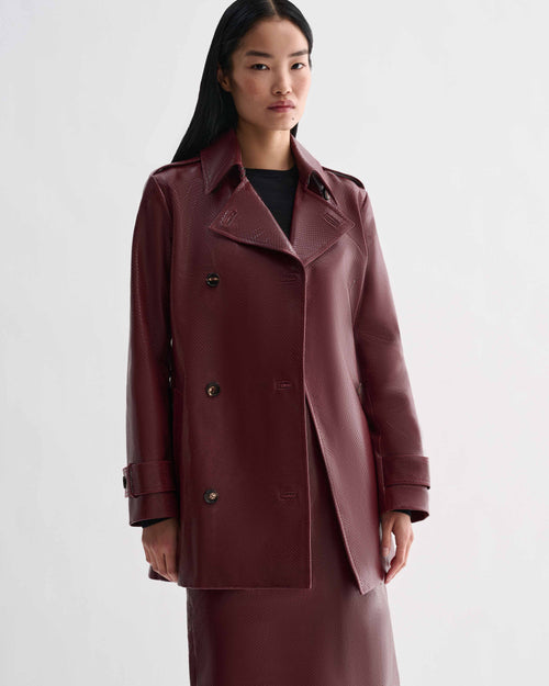 Charlotte trench coat dark red embossed snakeskin leather double-breasted jacket