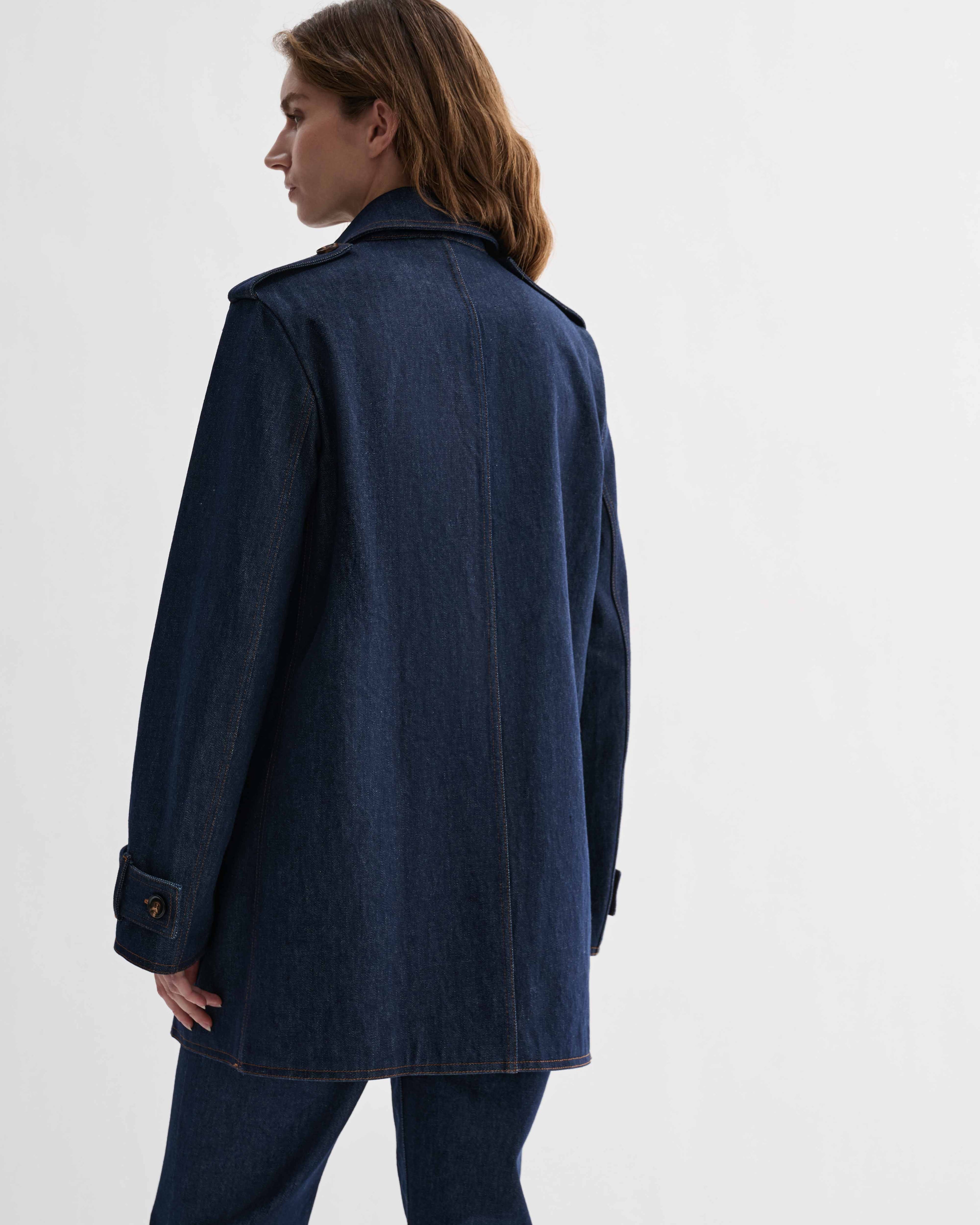 Veronica De Piante Charlotte denim trench coat in blue, stylish long jacket with classic collar and button closure.