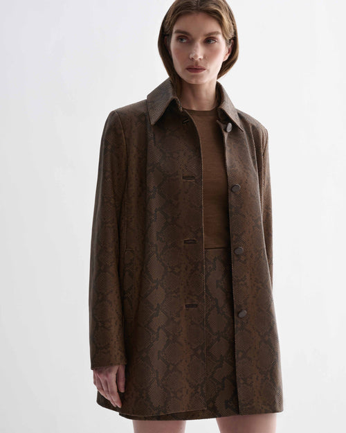 Chiara tailored coat, camel snake print embossed goatskin leather women's jacket. Direct silhouette.
