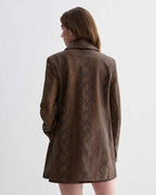Chiara Coat, camel snake print embossed goatskin leather tailored jacket, back view on model