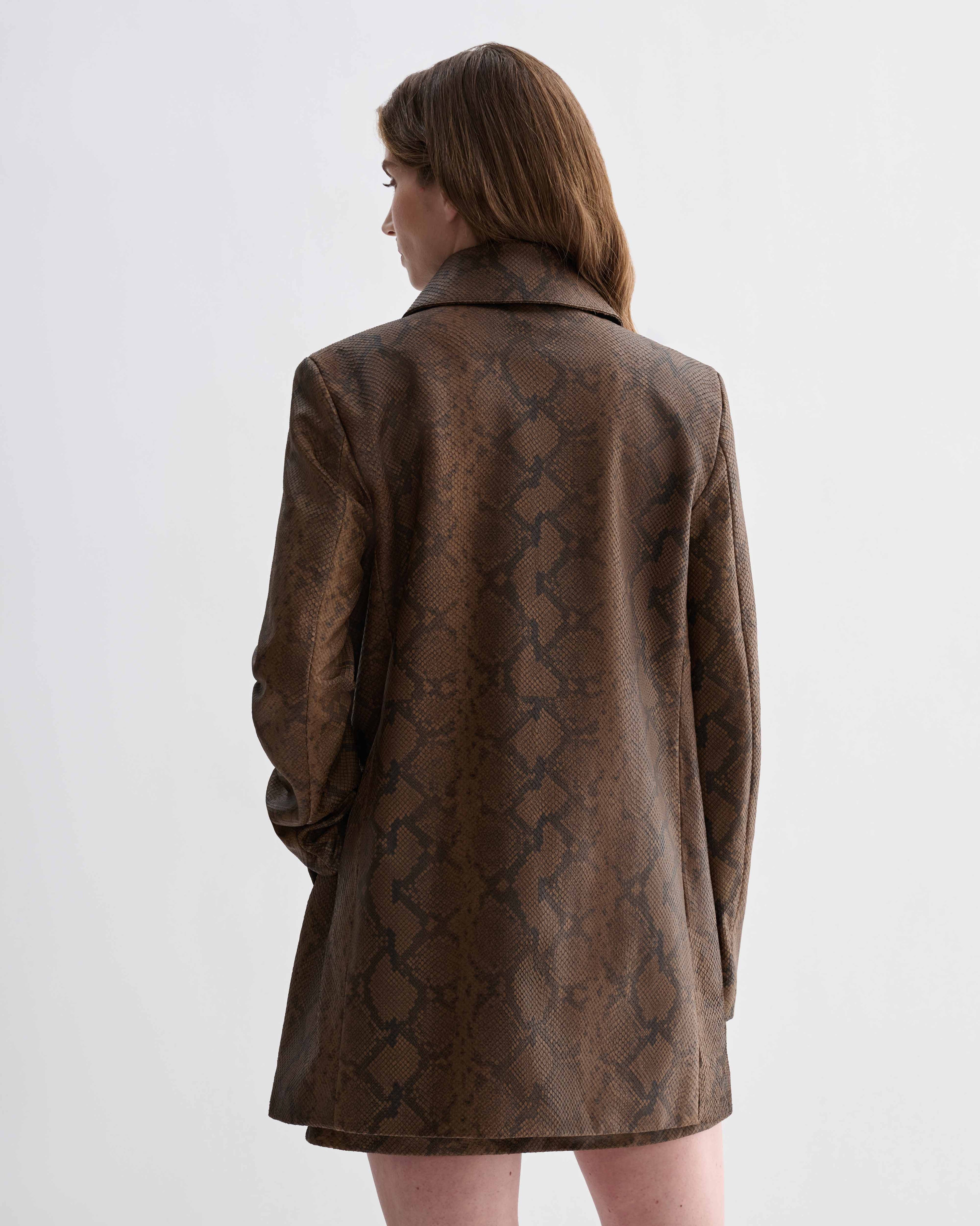 Chiara Coat, camel snake print embossed goatskin leather tailored jacket, back view on model