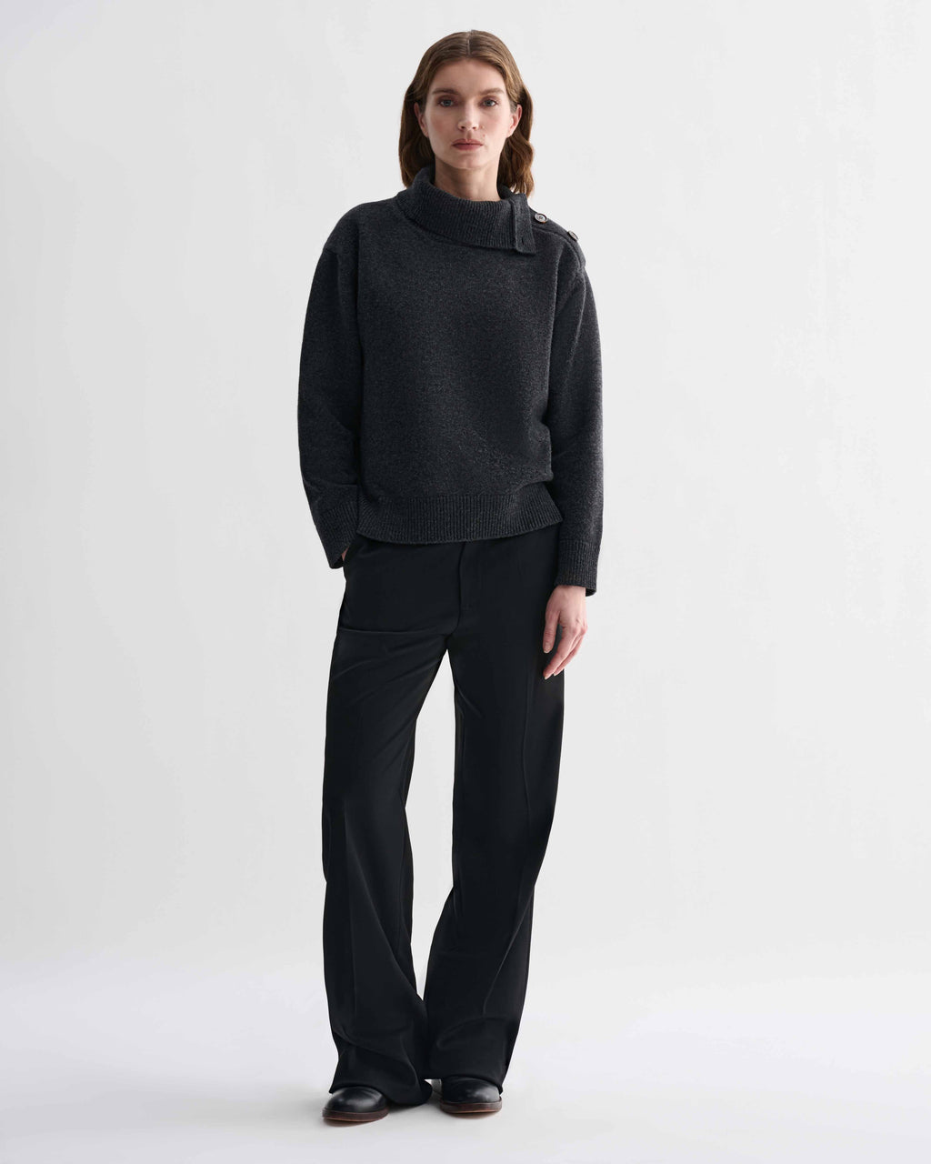 Cielo charcoal chunky knit wool cashmere sweater, women's, with adjustable side horn buttons and relaxed fit