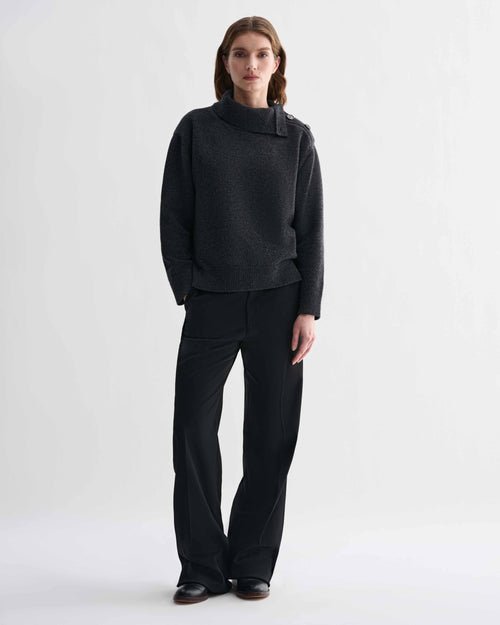 Cielo charcoal chunky knit wool cashmere sweater, women's, with adjustable side horn buttons and relaxed fit