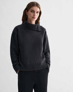 Charcoal Cielo wool cashmere chunky knit sweater. Relaxed fit, adjustable side-button neckline, horn buttons