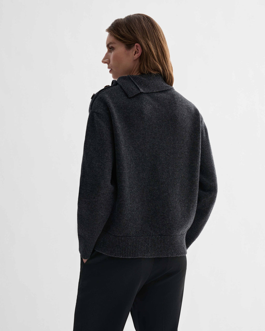 Cielo Charcoal Wool Cashmere chunky knit sweater with adjustable side buttoning and horn buttons, relaxed fit, worn by model