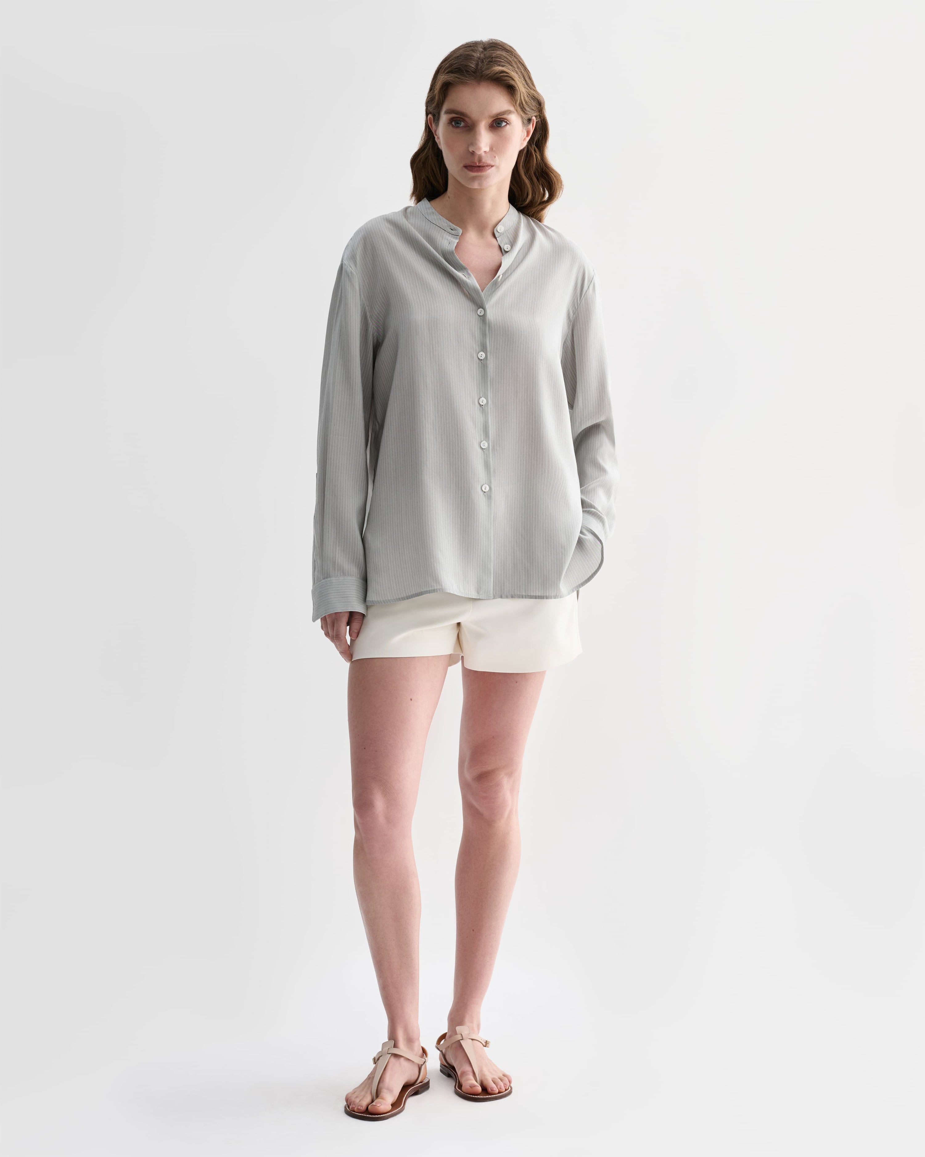 Silk Daisy shirt in grey pinstripe by Veronica De Piante, featuring a classic button-up design and tailored fit.