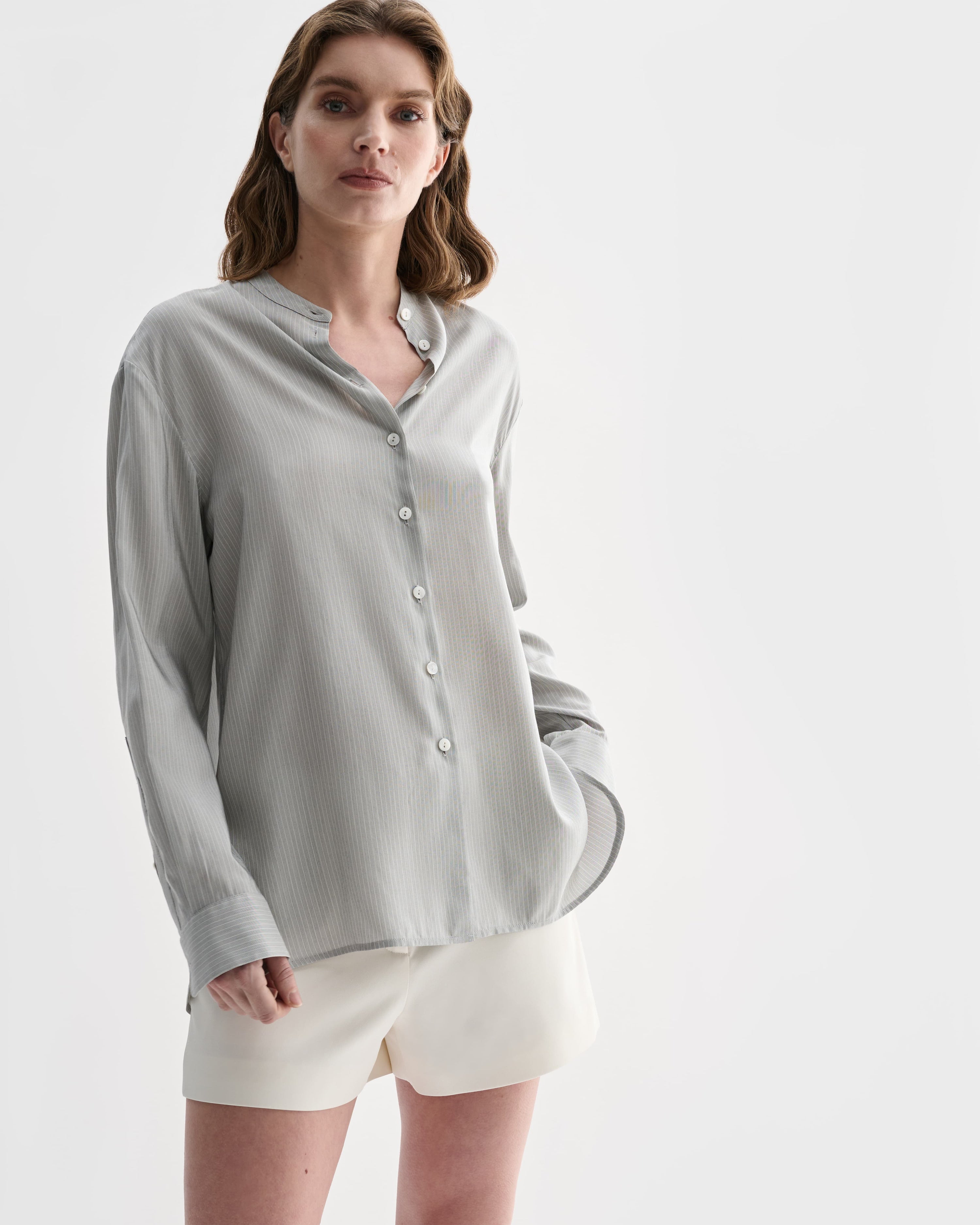 Silk Daisy Shirt in grey pinstripe by Veronica De Piante, featuring a tailored fit and classic collar.