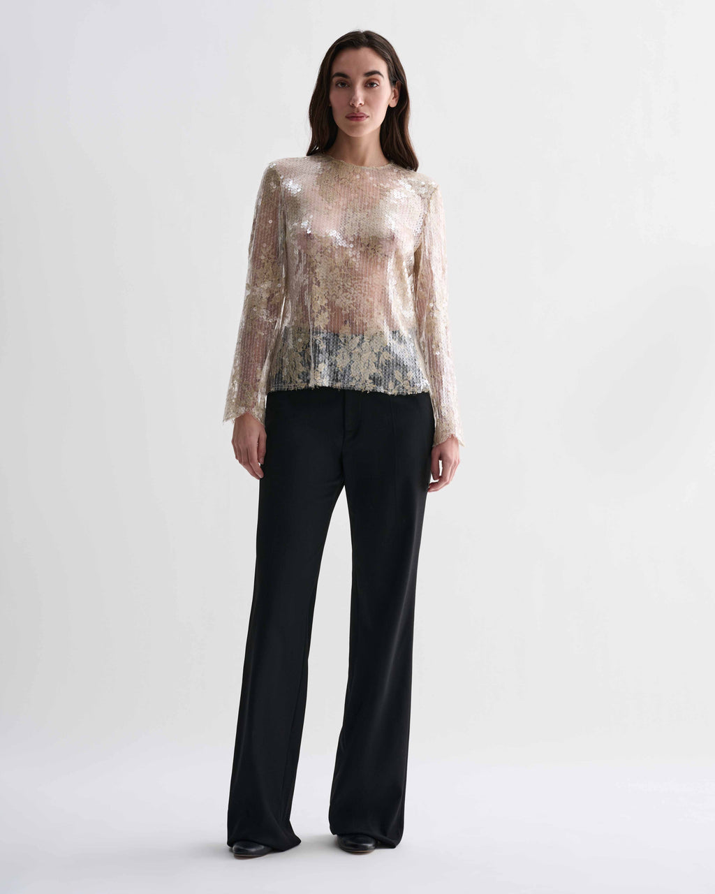 Dalia Gold Lace Sequins Top, shimmering, intricate sheer long-sleeved luxury top on model