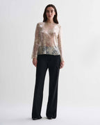 Dalia Gold Lace Sequins Top, shimmering, intricate sheer long-sleeved luxury top on model